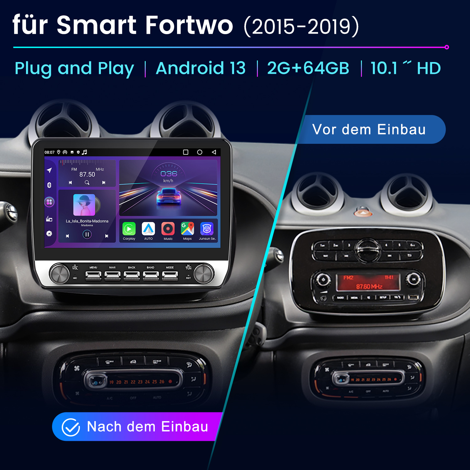 Armaturenbrett mit neu installiertem Android-System. Zeigt Vorher-Nachher-Bilder. Enthält Radio- und Fahrzeugeinstellungen.