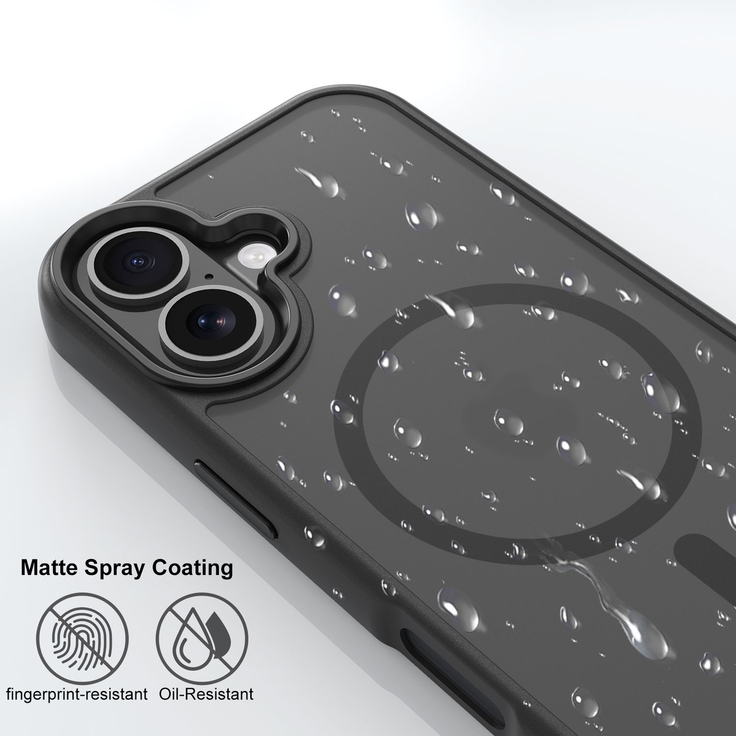 Eine schwarze Handyhülle mit Wassertropfen, mit Kameraausschnitten. Text: 'Matte Spray Coating', 'fingerabdruckresistent' und 'ölbeständig'.