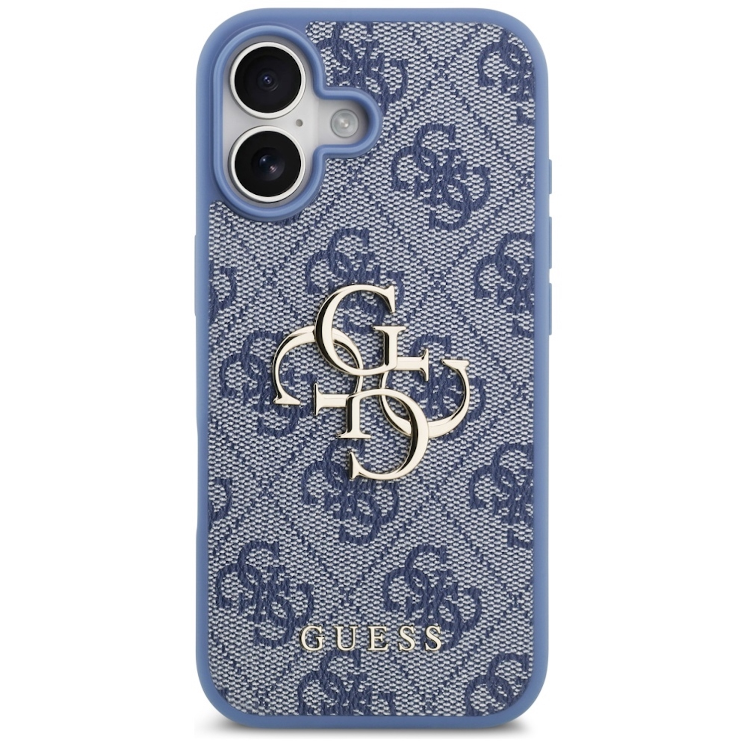 Blaue Guess-Handyhülle mit Logomuster und goldenem Emblem.