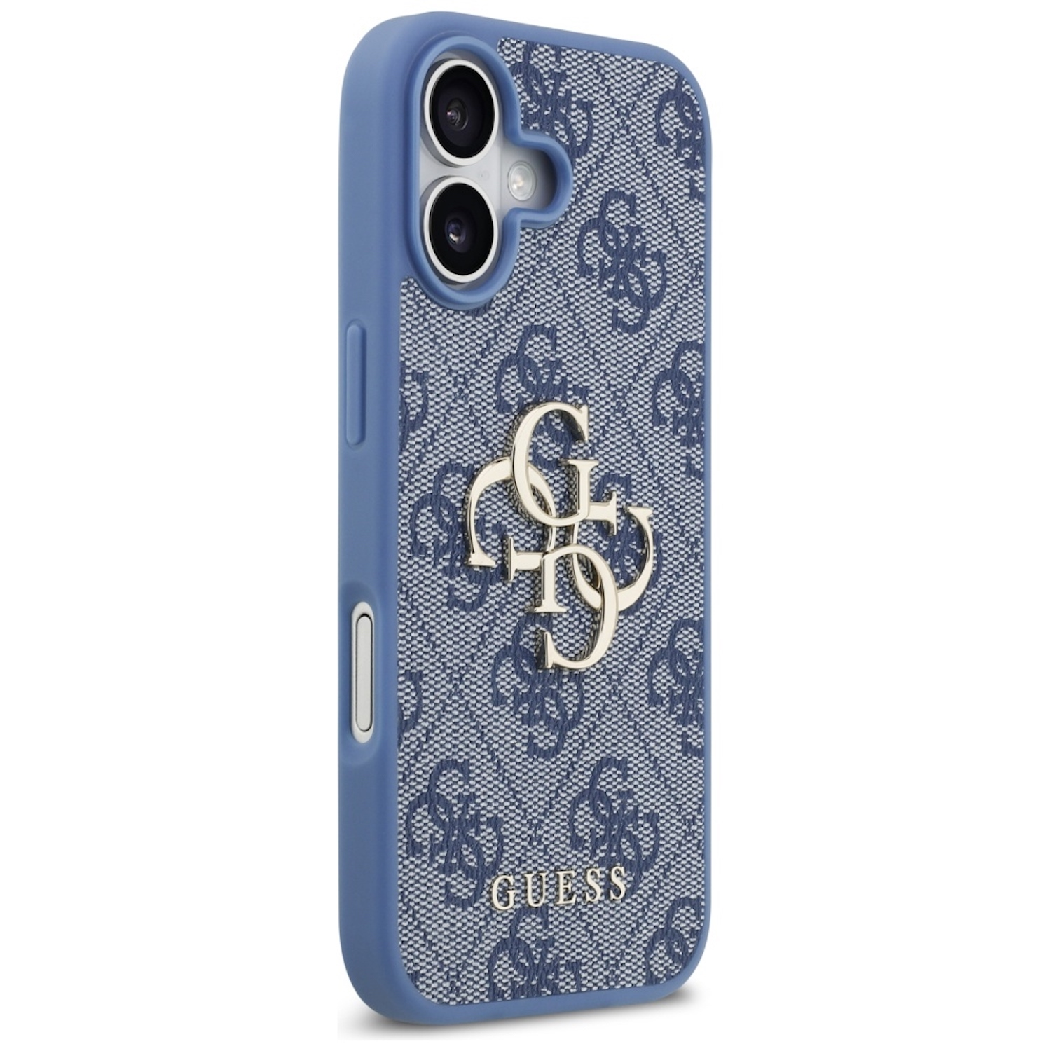 Eine blaue iPhone-Hülle mit dem Guess-Logo. Die Hülle hat ein blau-weißes Muster. Das Guess-Logo ist goldfarben.