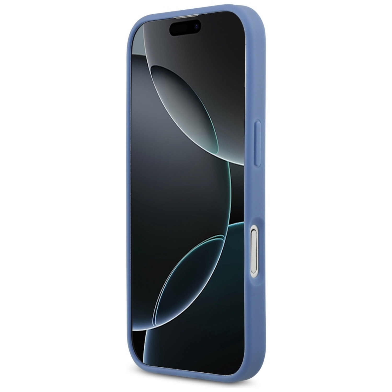 Ein Smartphone in einer blauen Hülle. Der Bildschirm zeigt abstrakte Formen. Das Telefon ist leicht angewinkelt, die Seitentasten sind sichtbar.
