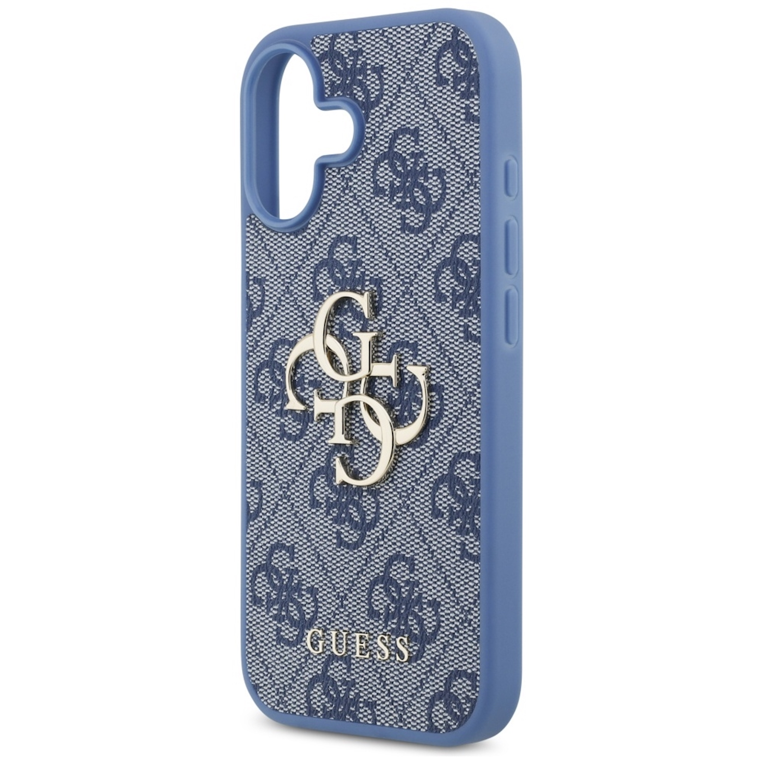 Eine blaue Handyhülle mit Guess-Logo. Die Hülle hat ein gemustertes Design und ein silbernes Guess-Logo in der Mitte.