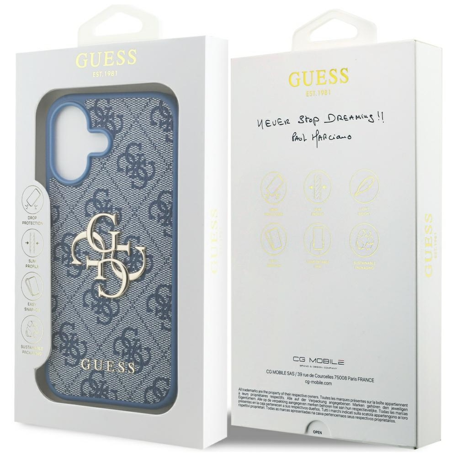 Eine Guess-Handyhülle in einer weißen Schachtel. Die Hülle ist blau mit sich wiederholendem Muster und goldenem Logo.