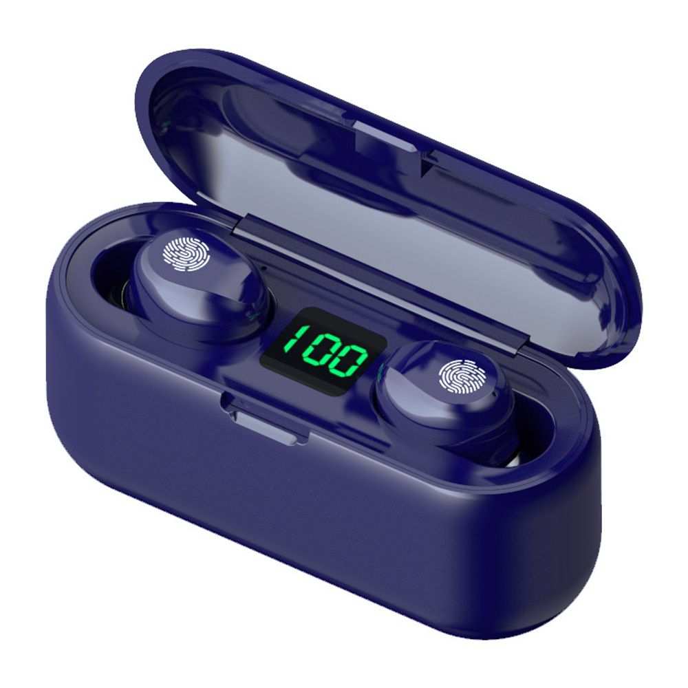 Blaue kabellose Ohrhörer in einer offenen Ladebox. Das Gehäuse zeigt 100 % Ladung an. Ohrhörer haben Fingerabdrucksensoren.