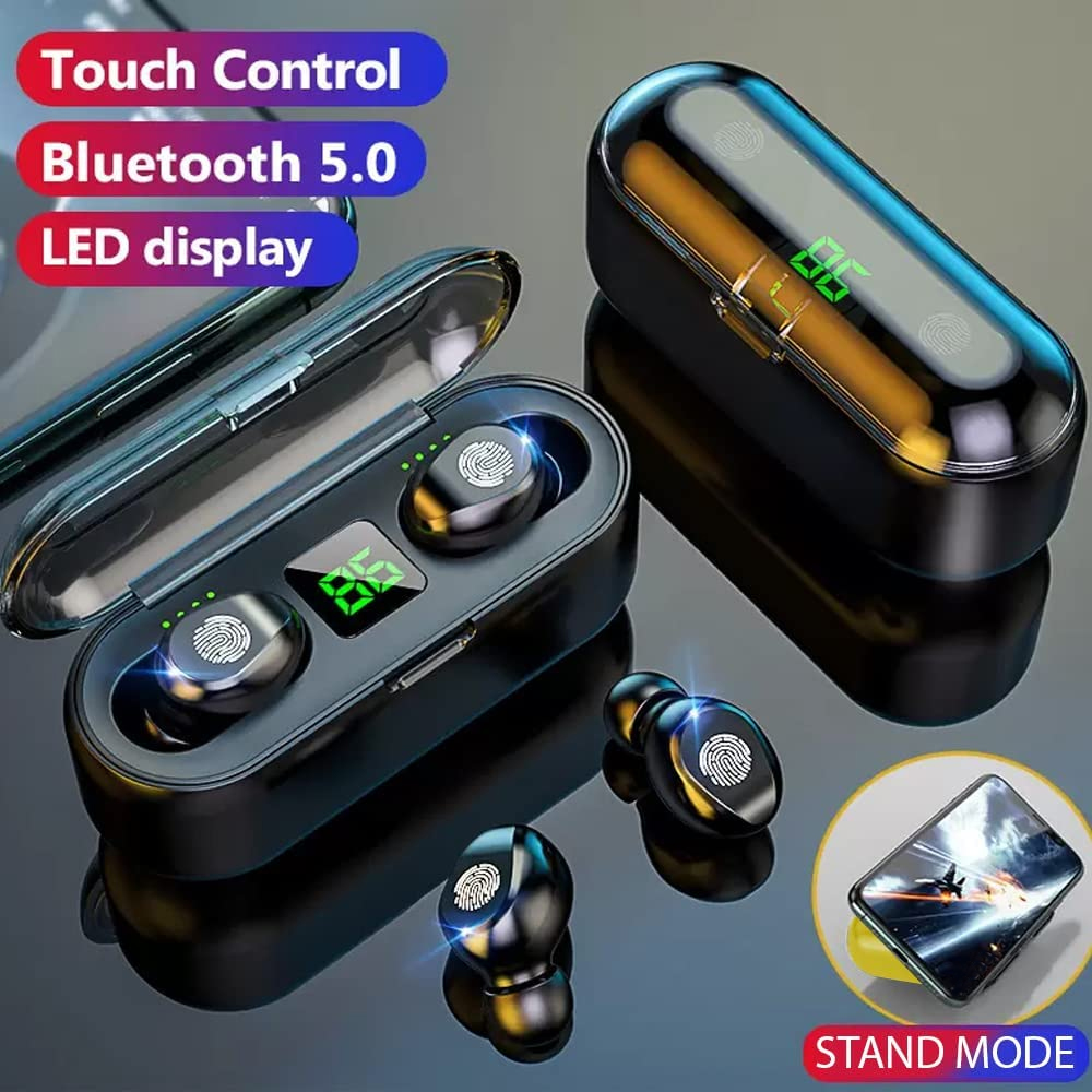 Kabellose Ohrhörer mit Ladecase. Touch-Steuerung, Bluetooth 5.0 und LED-Anzeige. Standmodus mit Telefon gezeigt.