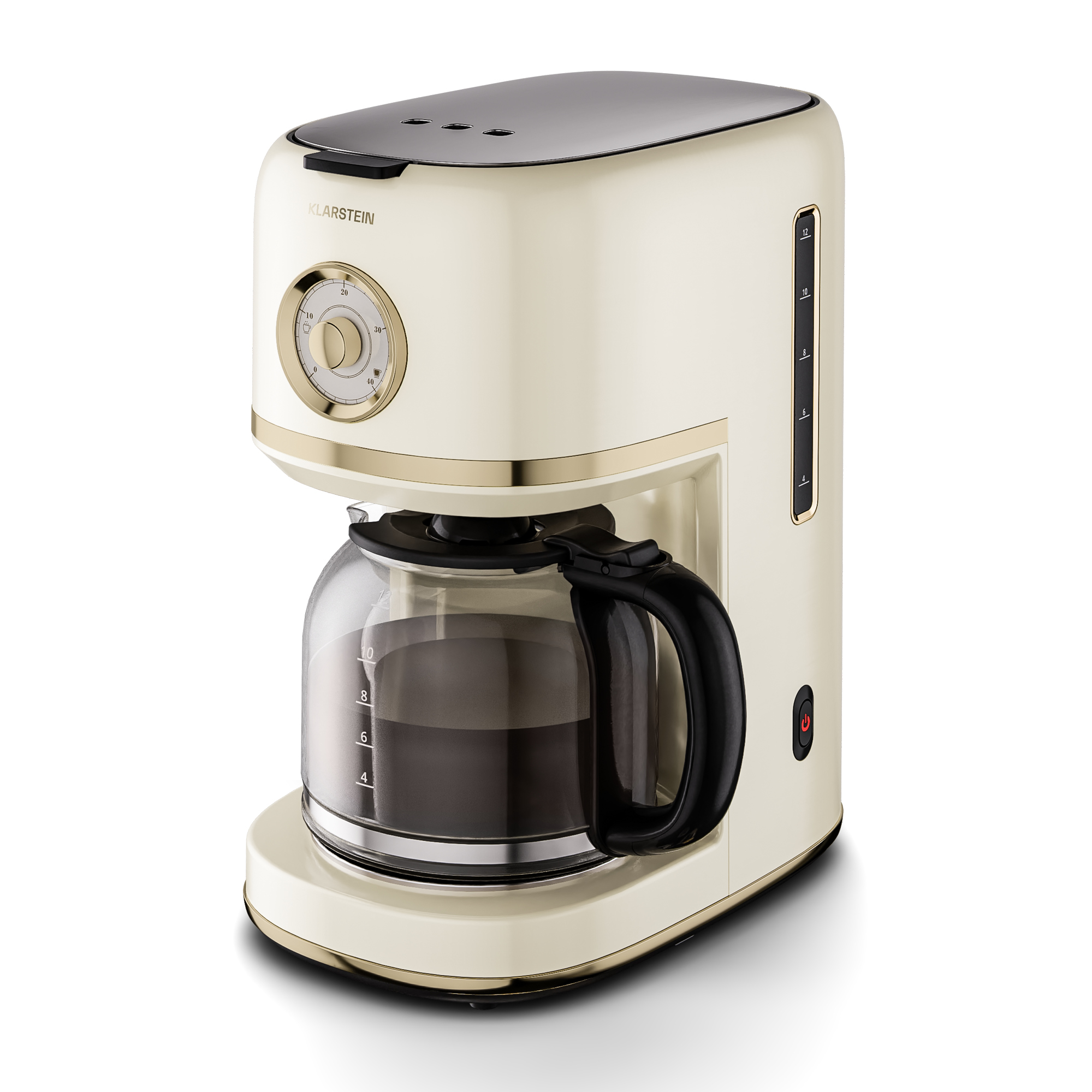 Eine cremefarbene Kaffeemaschine mit schwarzem Griff und Glaskaraffe mit Kaffee.