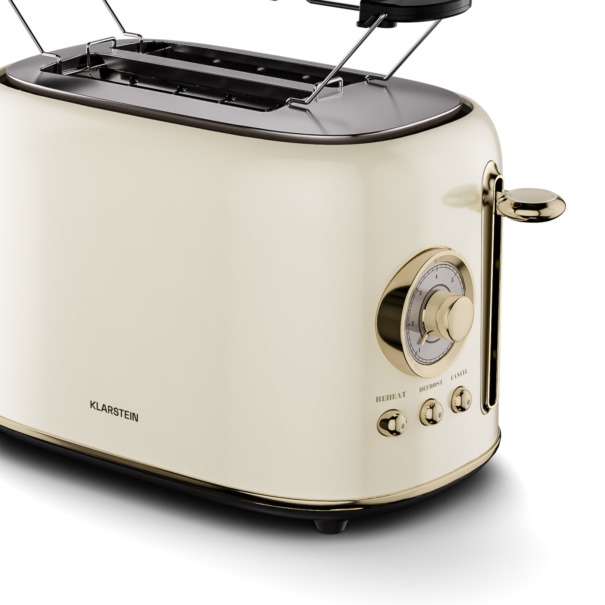 Ein cremefarbener Toaster mit goldenen Akzenten. Er hat ein Zifferblatt, Knöpfe und einen Hebel. Der Markenname 'Klarstein' ist sichtbar.