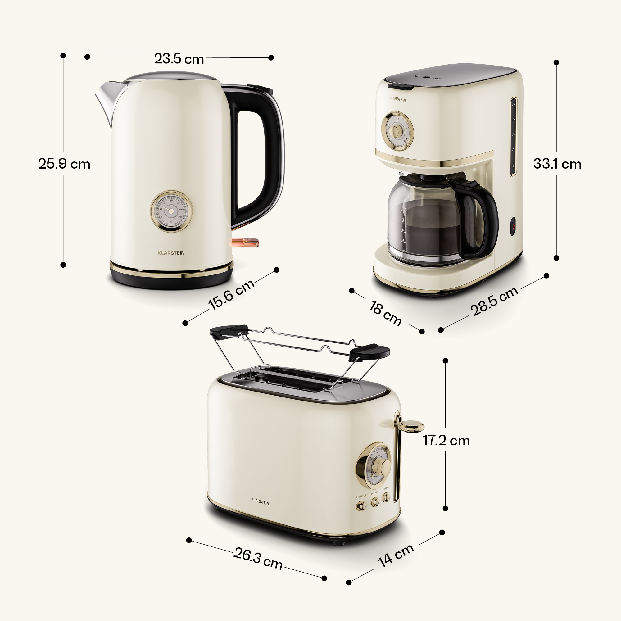 Drei cremefarbene Küchengeräte: ein Wasserkocher, eine Kaffeemaschine und ein Toaster. Alle haben goldene Akzente und sind beschriftet.