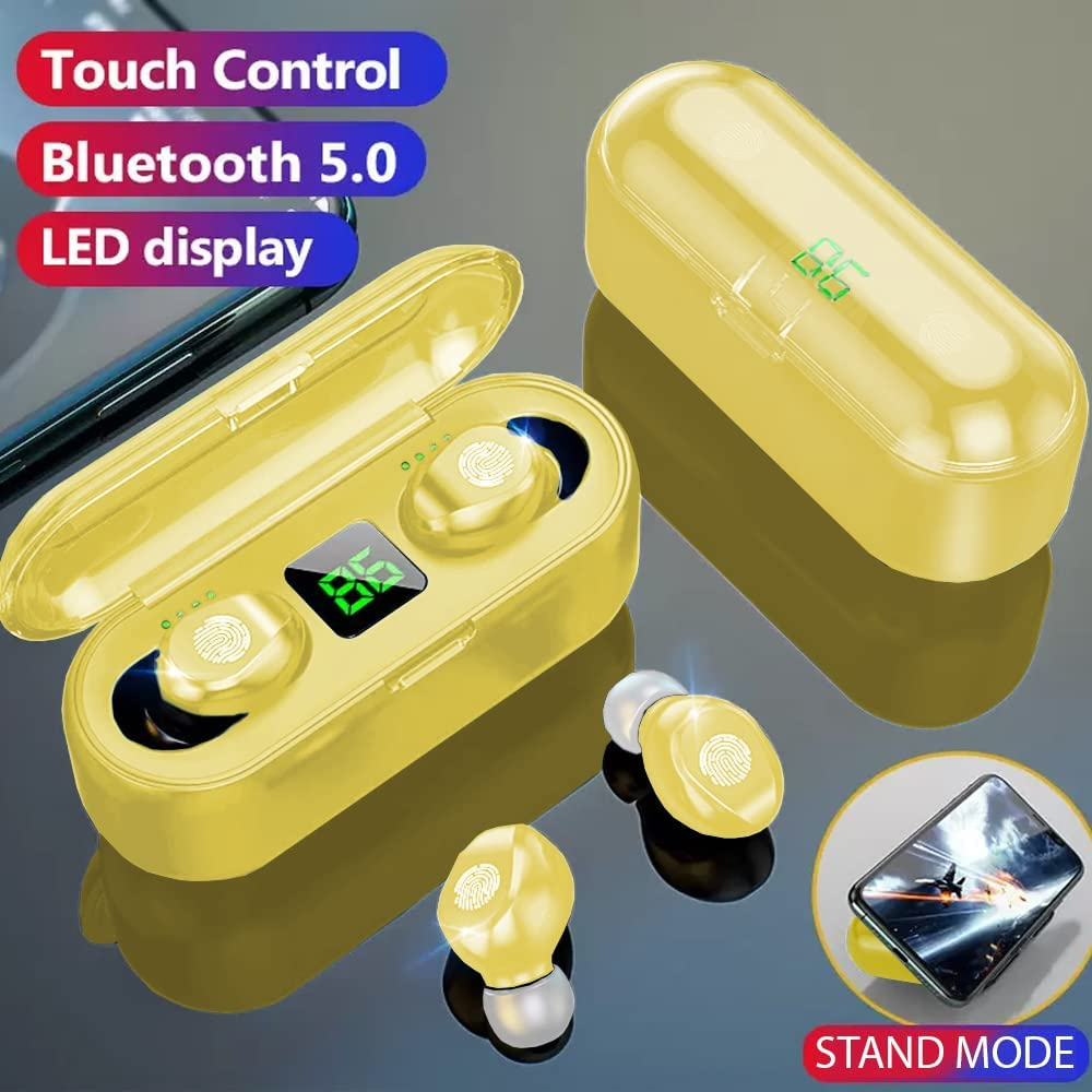 Gelbe kabellose Ohrhörer mit Ladecase. Das Case ist offen und zeigt die Ohrhörer. Touch-Steuerung, Bluetooth 5.0 und LED-Anzeige.