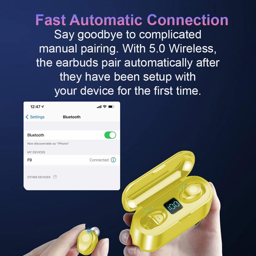 Gelbe kabellose Ohrhörer mit Ladekoffer. Ein Telefonbildschirm zeigt die Bluetooth-Verbindung. Text: 'Schnelle automatische Verbindung'.