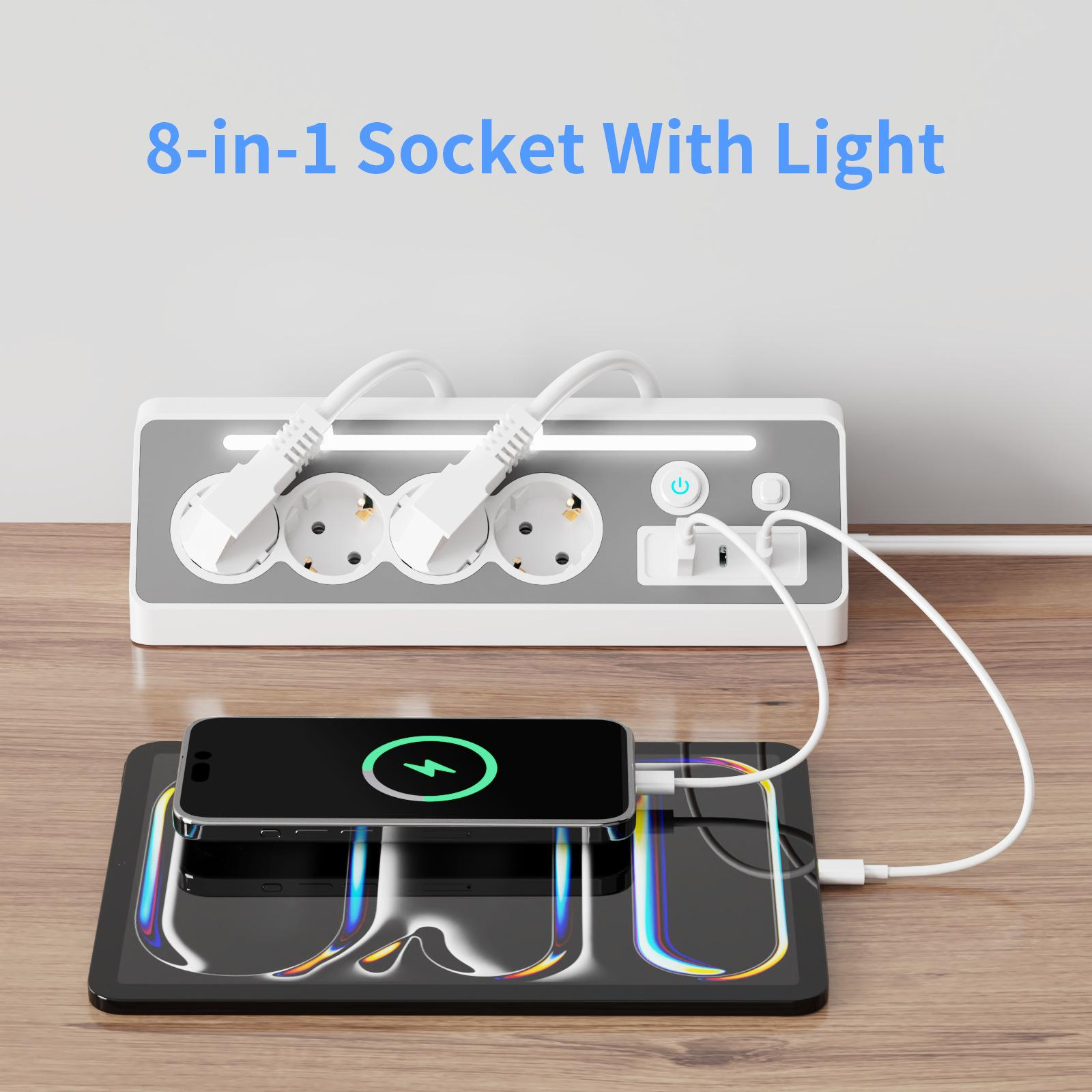Eine 8-in-1-Steckdose mit Ladepad und Telefon. Das Telefon hat ein grünes Ladesymbol.