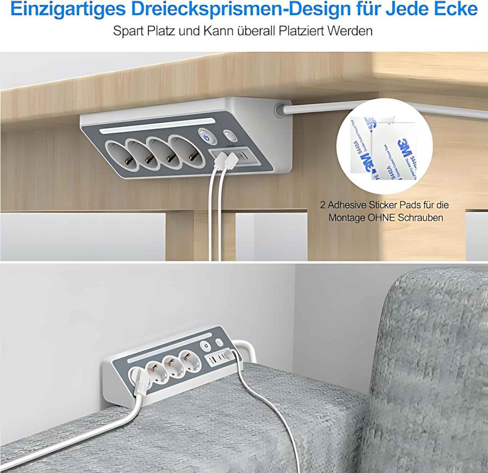 Ein weiß-graues Stromkabel mit Steckdosen und USB-Anschlüssen ist auf einer Holzoberfläche und einem grauen Stoff montiert.