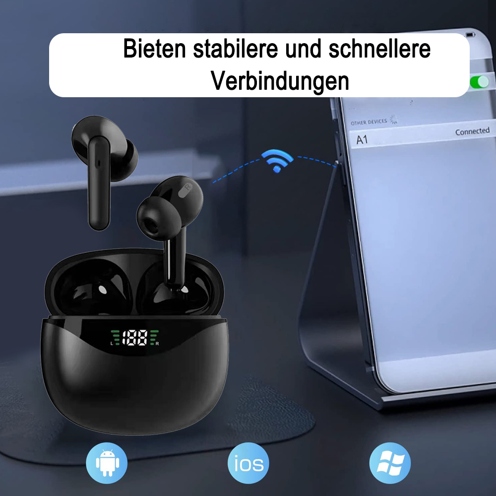 Schwarze kabellose Ohrhörer und Ladeetui, verbunden mit einem Telefon, das 'Verbunden' anzeigt. iOS-, Android- und Windows-Symbole vorhanden.