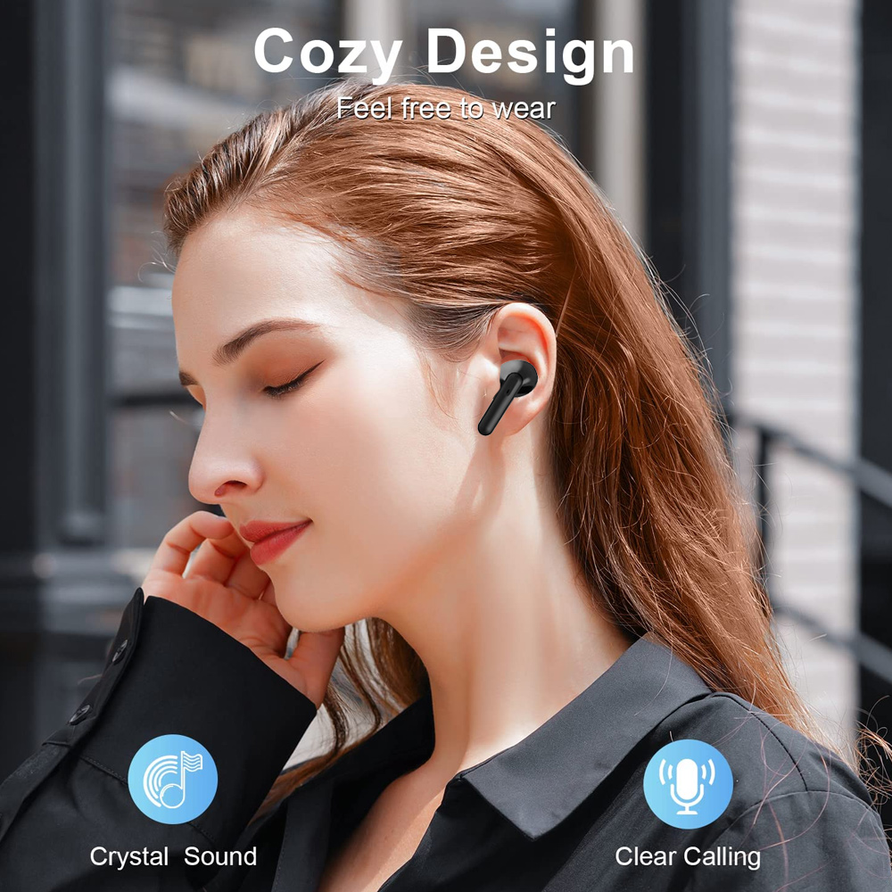 Eine Frau mit schwarzen Ohrhörern, der Text 'Cozy Design' steht über ihr, mit Symbolen für 'Crystal Sound' und 'Clear Calling'.