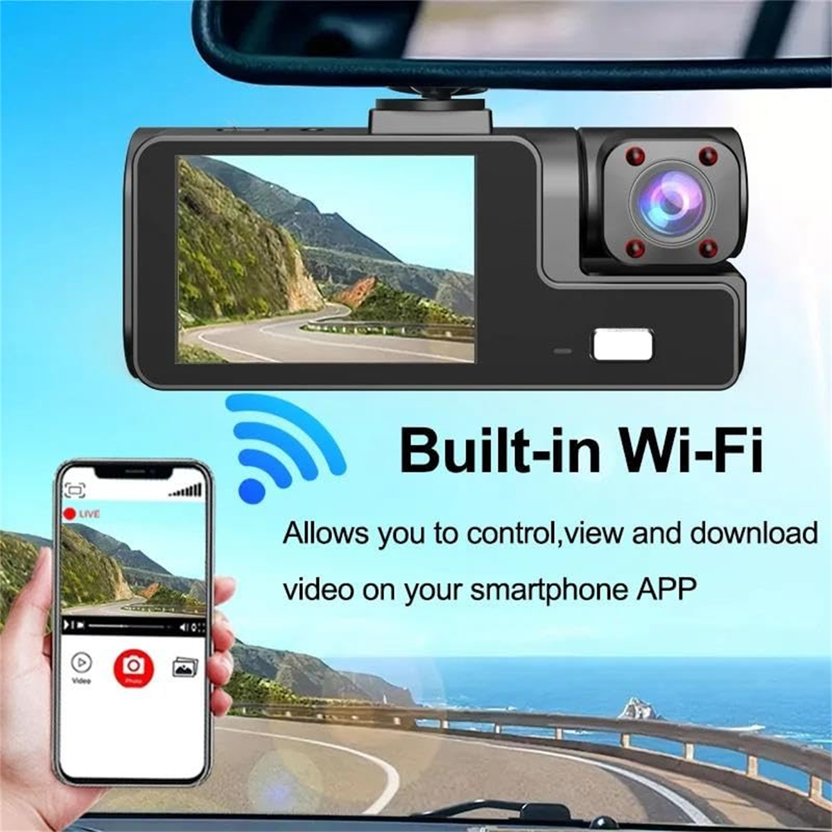 Dashcam mit eingebautem Wi-Fi. Ein Telefon zeigt die Live-Ansicht. Der Bildschirm zeigt eine Straße. Der Hintergrund ist blauer Himmel und Meer.