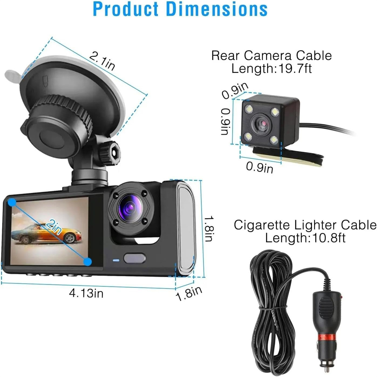 Produktabmessungen einer Auto-Dashcam mit Maßen in Zoll und Kabellängen in Fuß, einschließlich Kamera und Zigarettenanzünderkabel.
