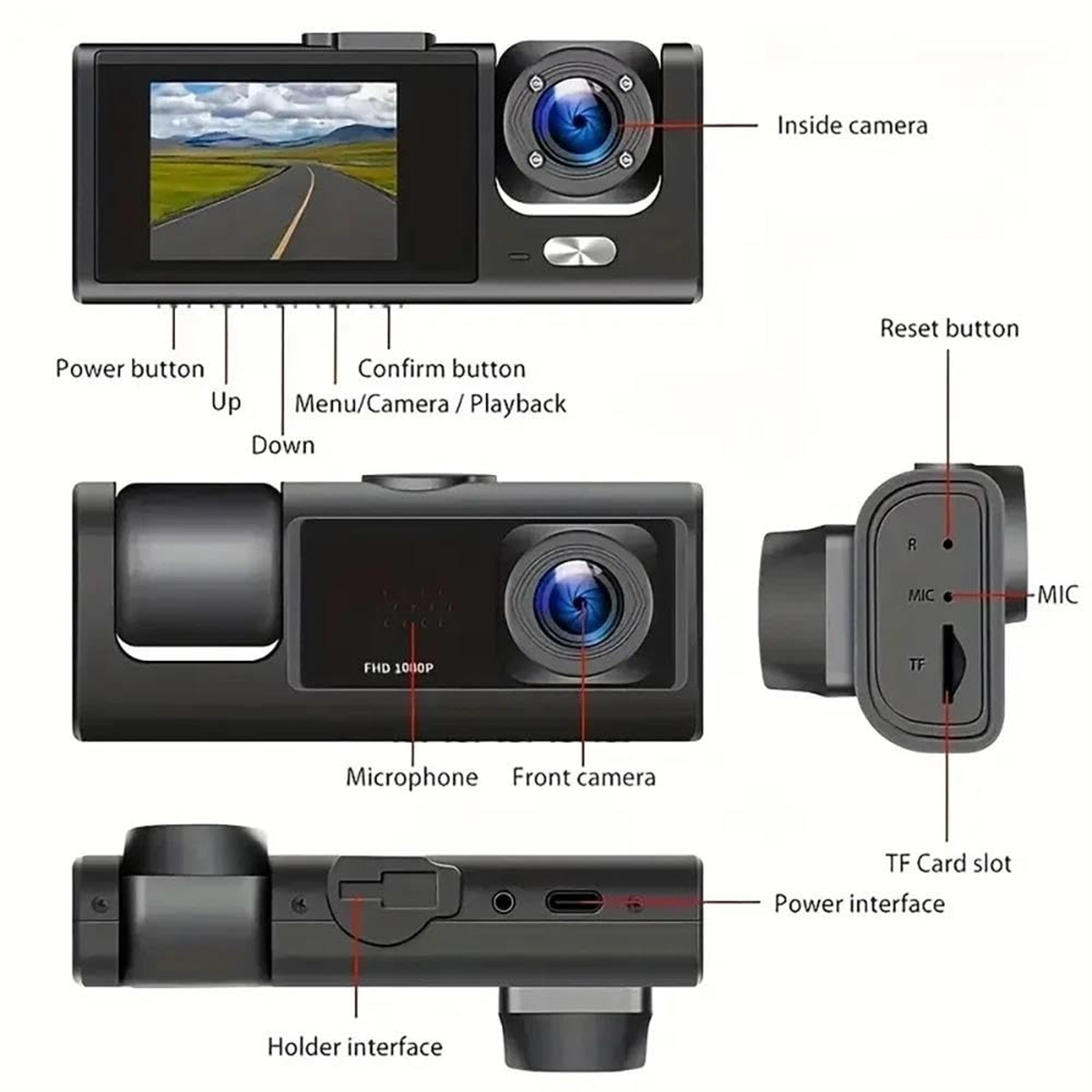 Eine schwarze Dashcam mit beschrifteten Teilen: Strom, Aufwärts-, Abwärts-, Bestätigungstasten, Front- und Innenkameras, Mikrofon, TF-Kartensteckplatz und Halterschnittstelle.