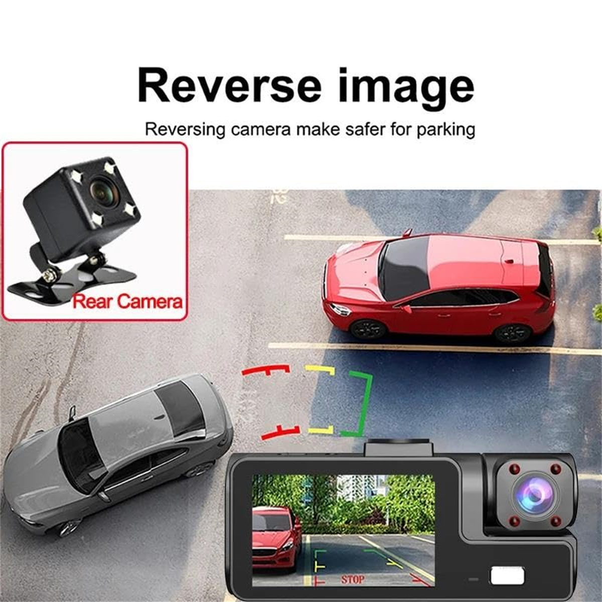 Das Bild zeigt ein Rückfahrkamerasystem. Eine Kamera, ein Auto-Display mit einem roten Auto auf dem Bildschirm und zwei Autos auf einem Parkplatz.