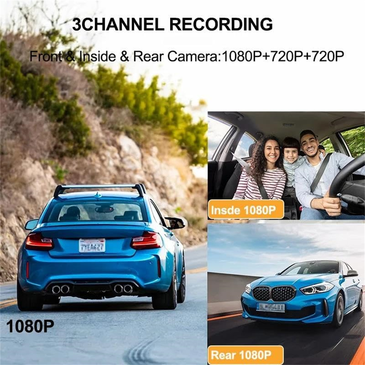 Blaues Auto auf der Straße, Familie im Auto und Text über 3-Kanal-Aufzeichnung: Details zu Front-, Innen- und Rückkamera.