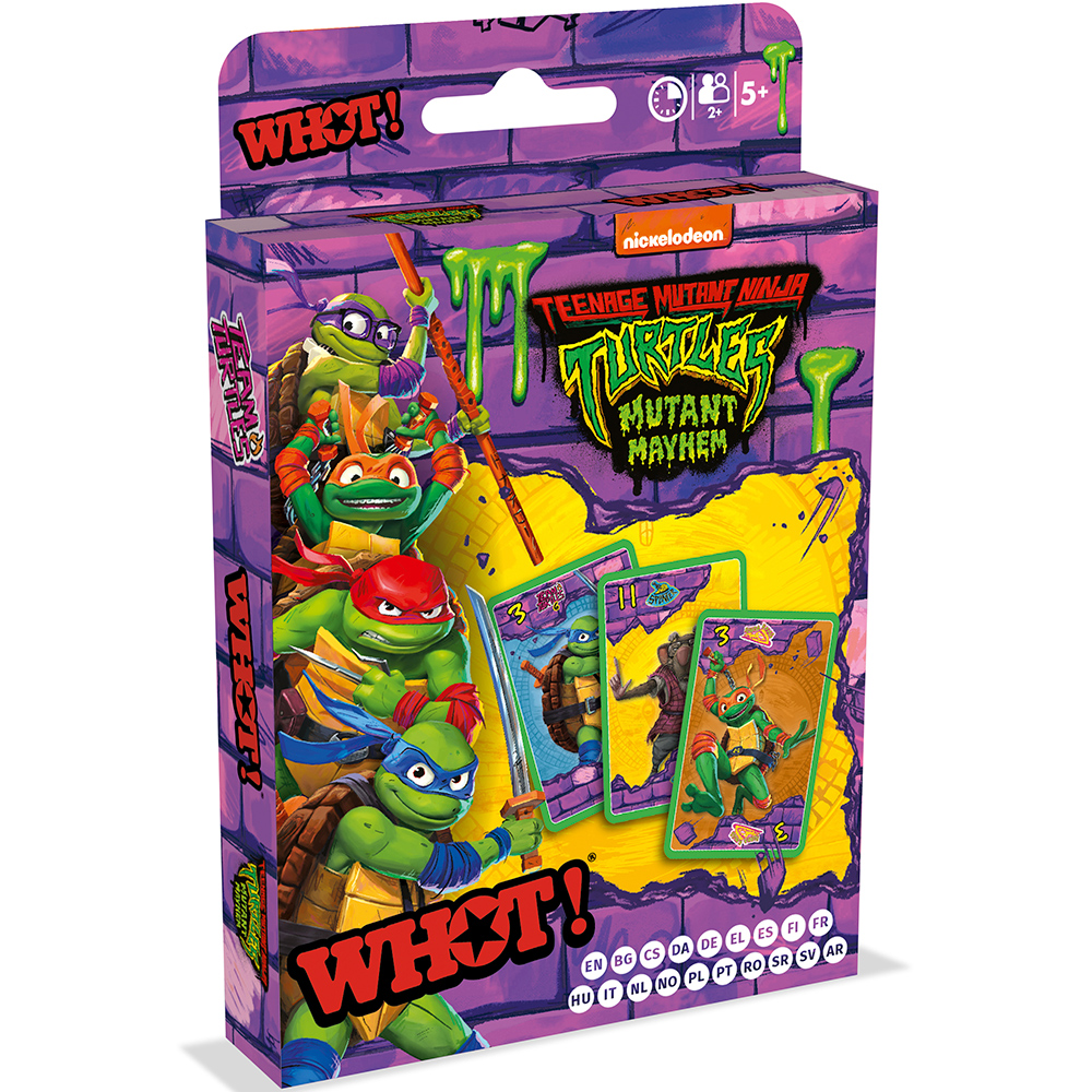 Una scatola di carte dei Teenage Mutant Ninja Turtles. Presenta le tartarughe, le carte e il logo del gioco con della melma verde.