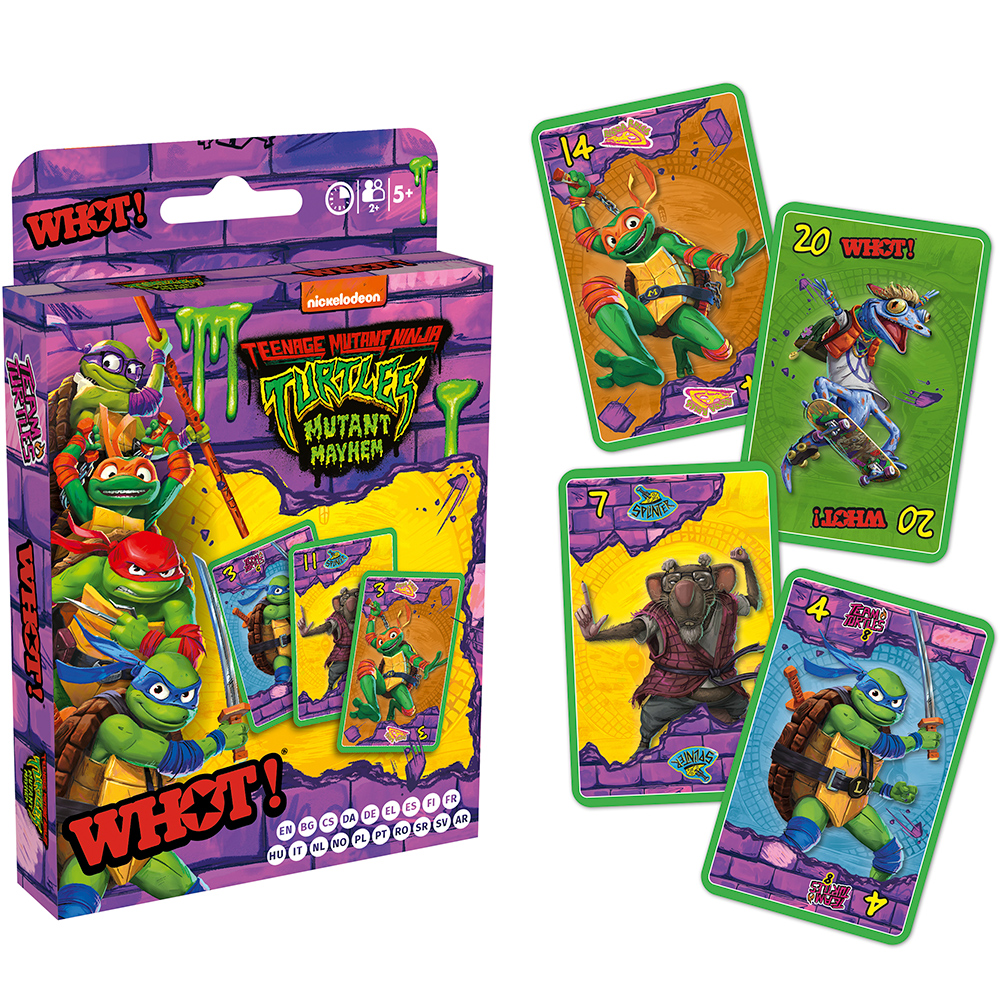 Scatola e carte del gioco di carte Tartarughe Ninja. La scatola presenta le tartarughe. Le carte mostrano personaggi tartaruga con numeri e la parola WHOT!