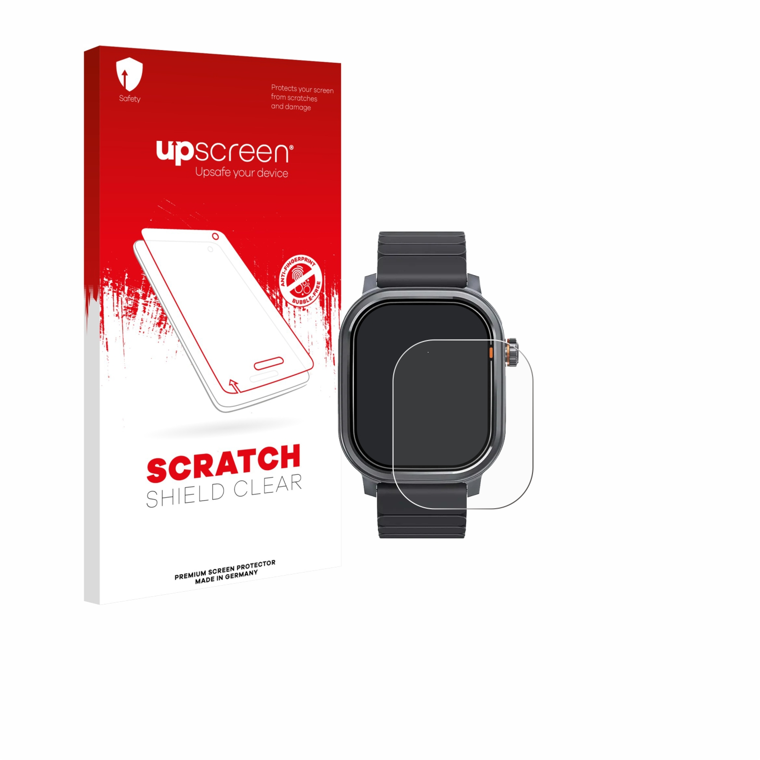 Eine Smartwatch und eine Displayschutzfolienbox. Die Box ist rot und weiß mit Text. Die Uhr ist schwarz mit angebrachter Schutzfolie.