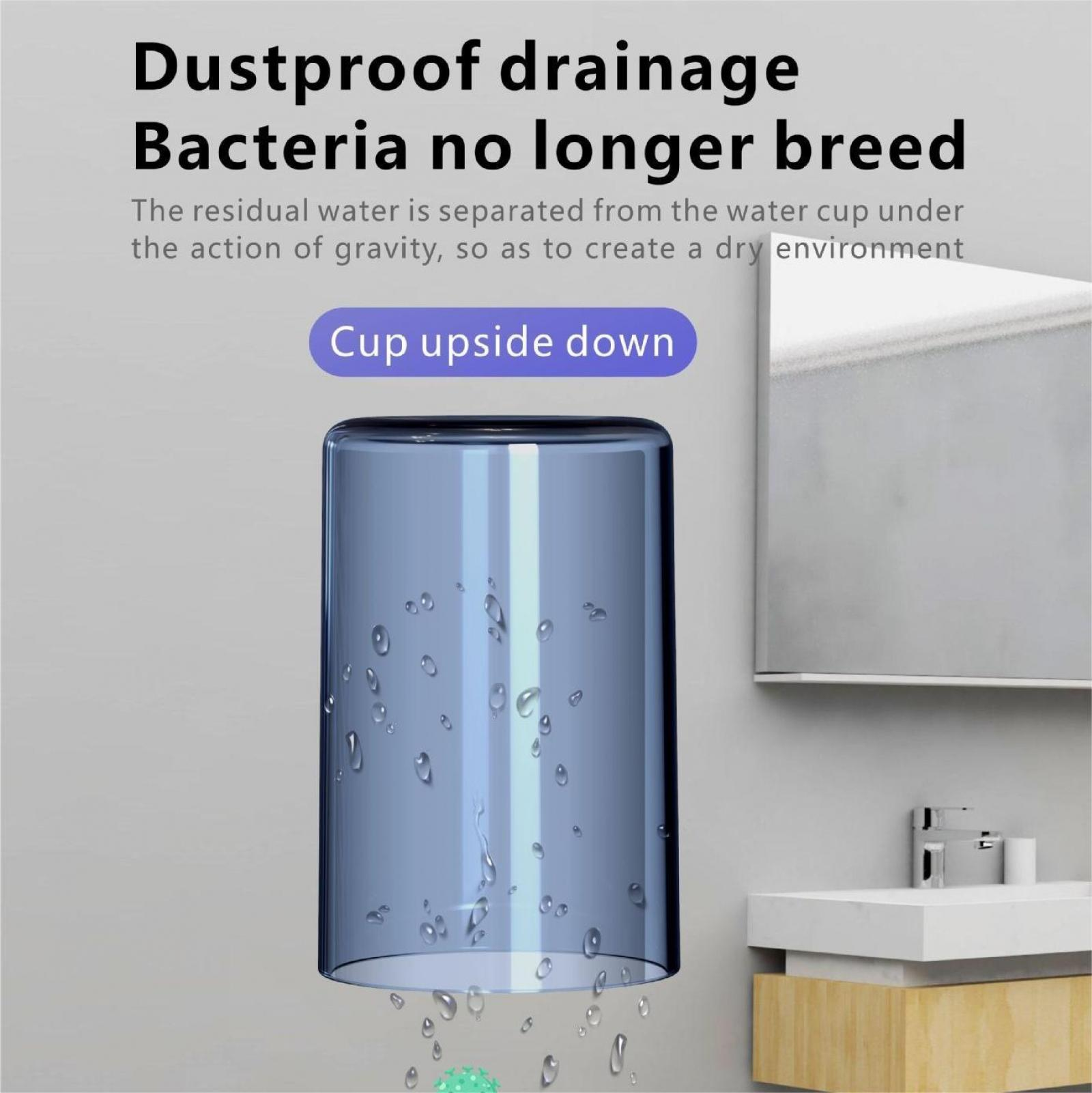 Eine blaue, umgedrehte Tasse mit Wassertropfen über einem Waschbecken. Text: 'Staubdichte Entwässerung' und 'Bakterien vermehren sich nicht mehr'.
