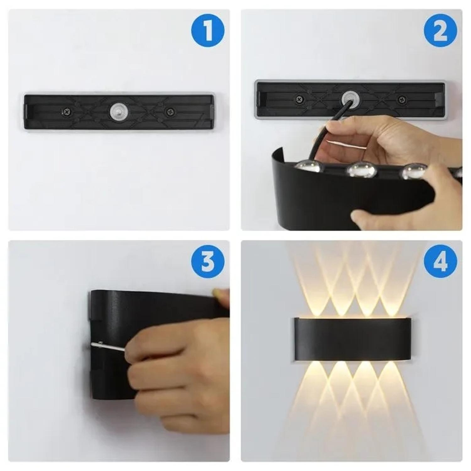 Guía de instalación en cuatro pasos: montaje de una lámpara de pared exterior negra. Incluye etapas de fijación, cableado e iluminación final.