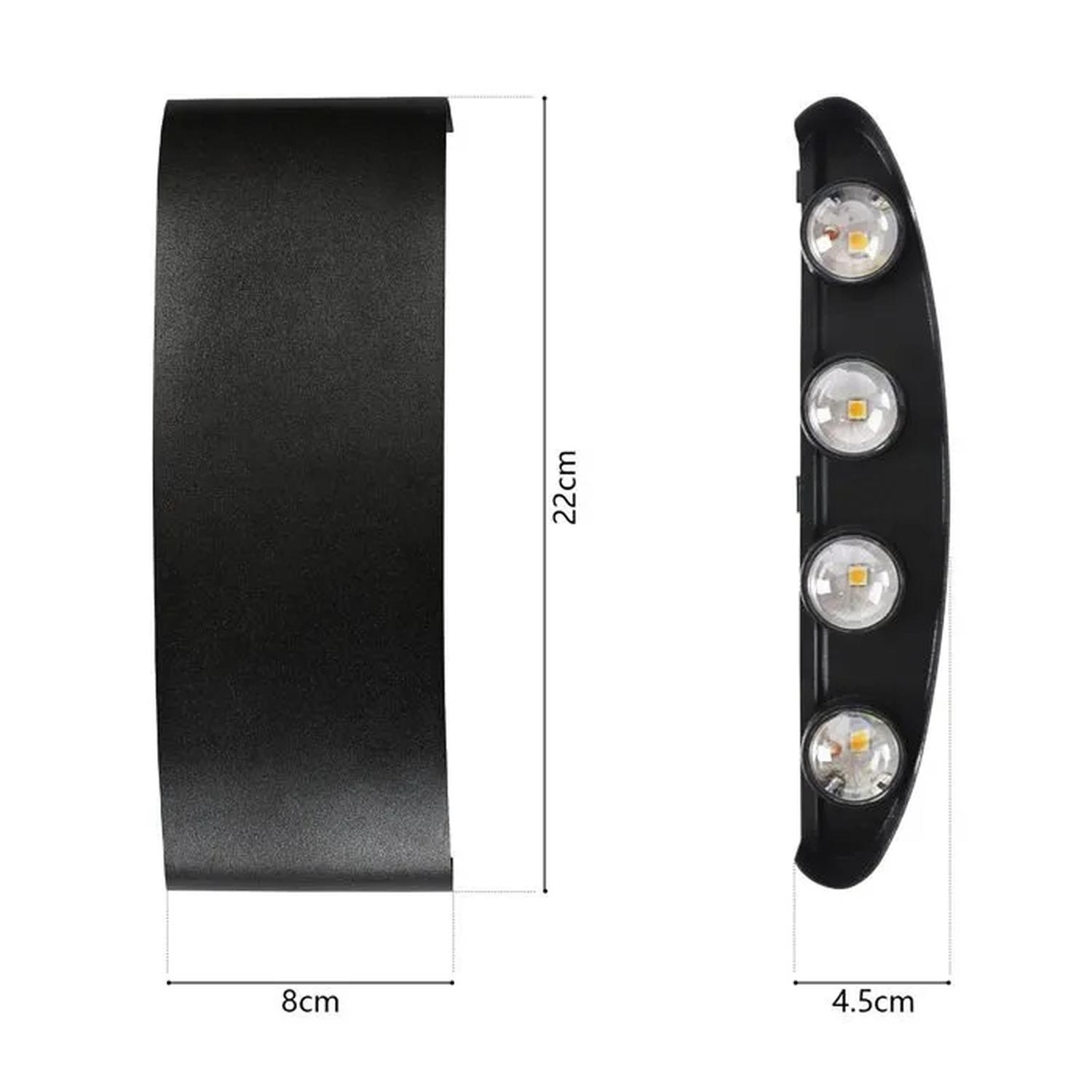 Un accesorio de luz LED negro y curvo con dimensiones. El lado izquierdo es un panel negro sólido, y el derecho tiene cuatro LED brillantes.