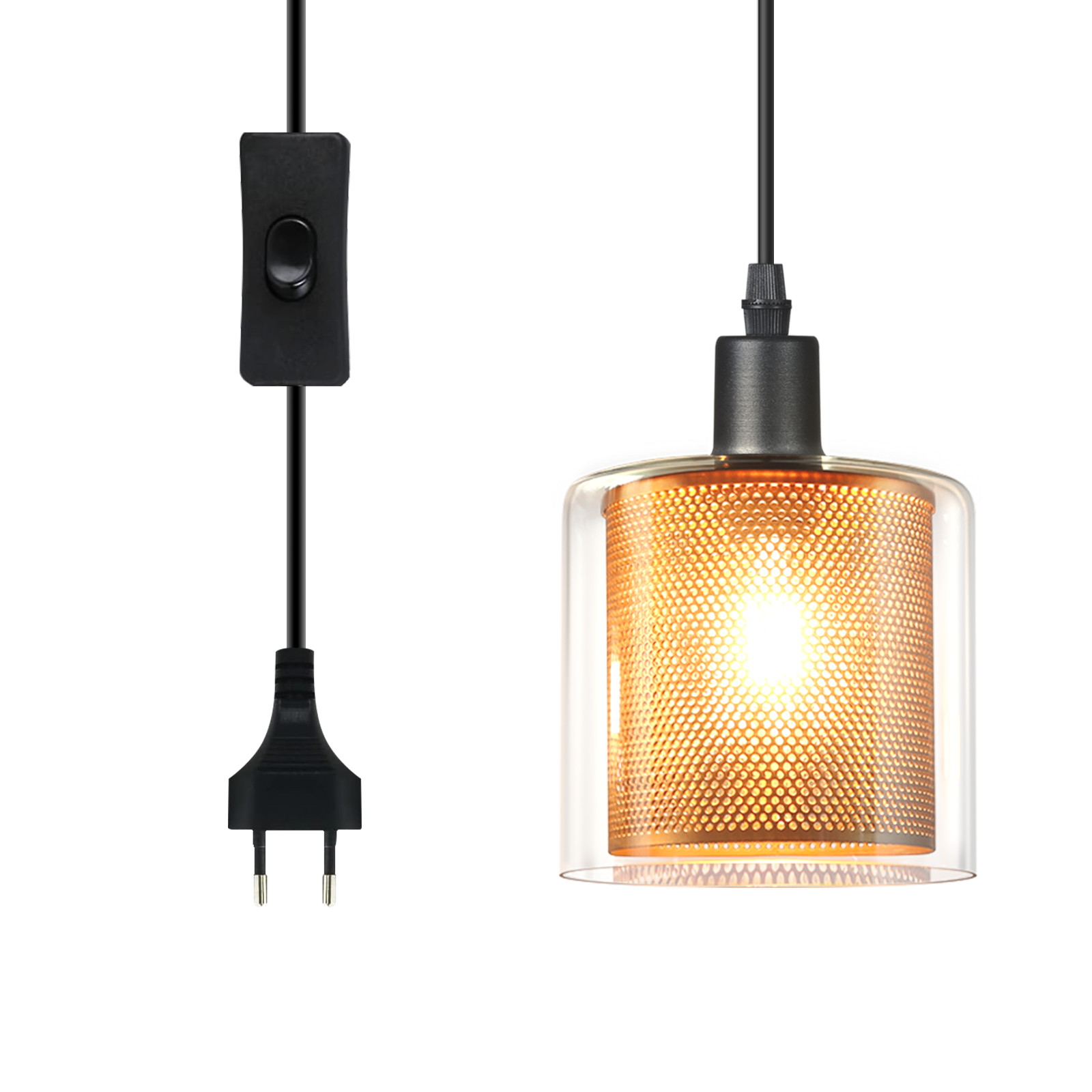 Una lampada moderna con cavo, interruttore e spina neri. La lampada ha un paralume in vetro con rete di rame all'interno.
