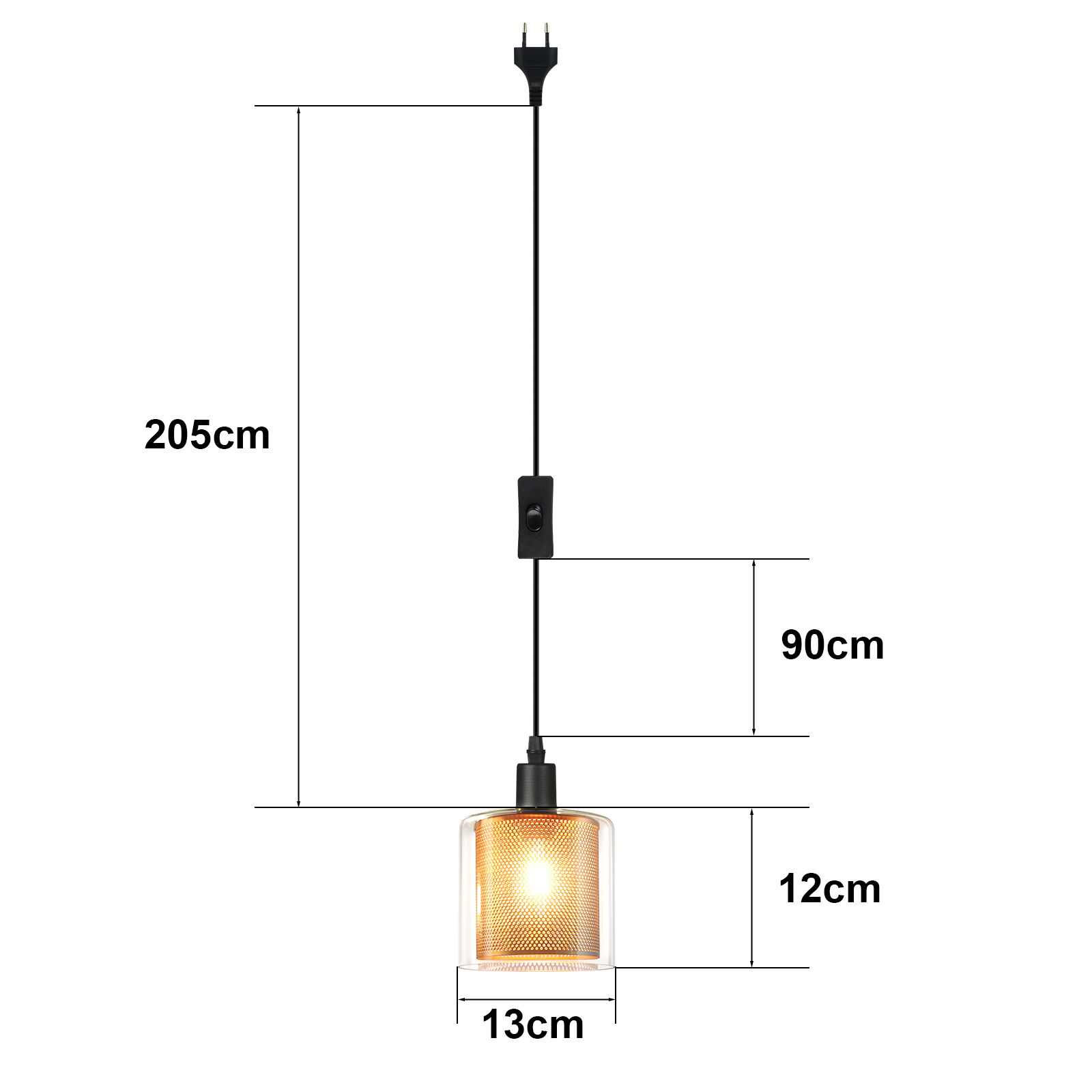Eine Hängelampe mit schwarzem Kabel, Schalter und zylindrischem Schirm mit netzartigem Design. Abmessungen sind beschriftet.