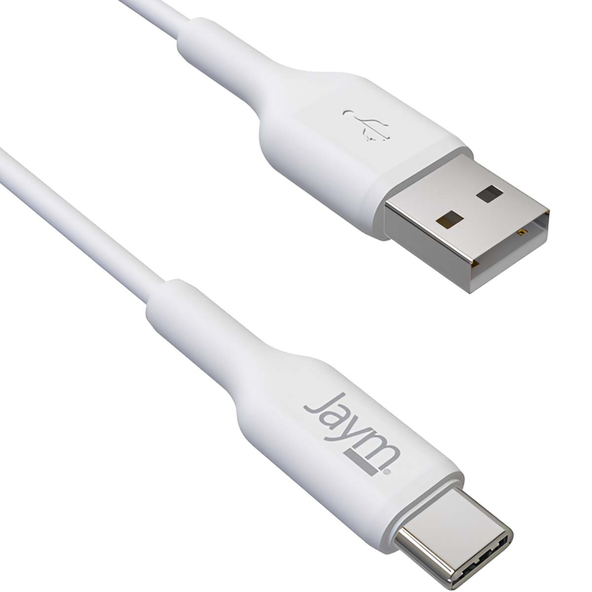 Un cavo USB bianco con connettori USB-A e USB-C. Il cavo presenta il logo 'Jaym'.