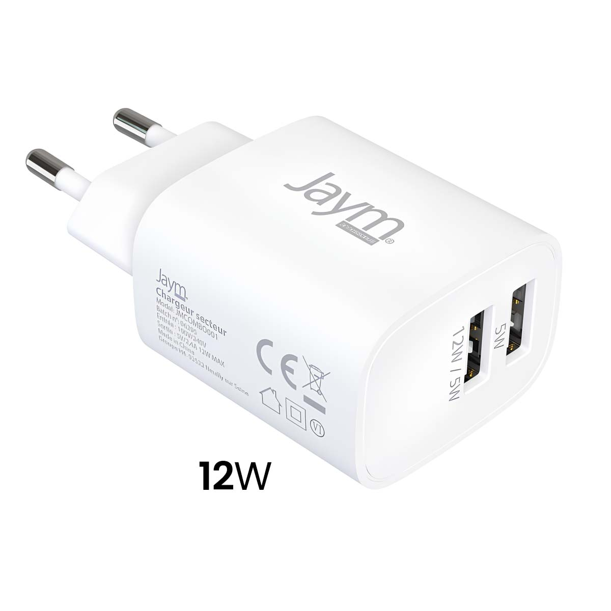 Un caricatore Jaym bianco con due porte USB, etichettato 12W e 5W, più un'etichetta 12W. Il caricatore ha due spine metalliche.