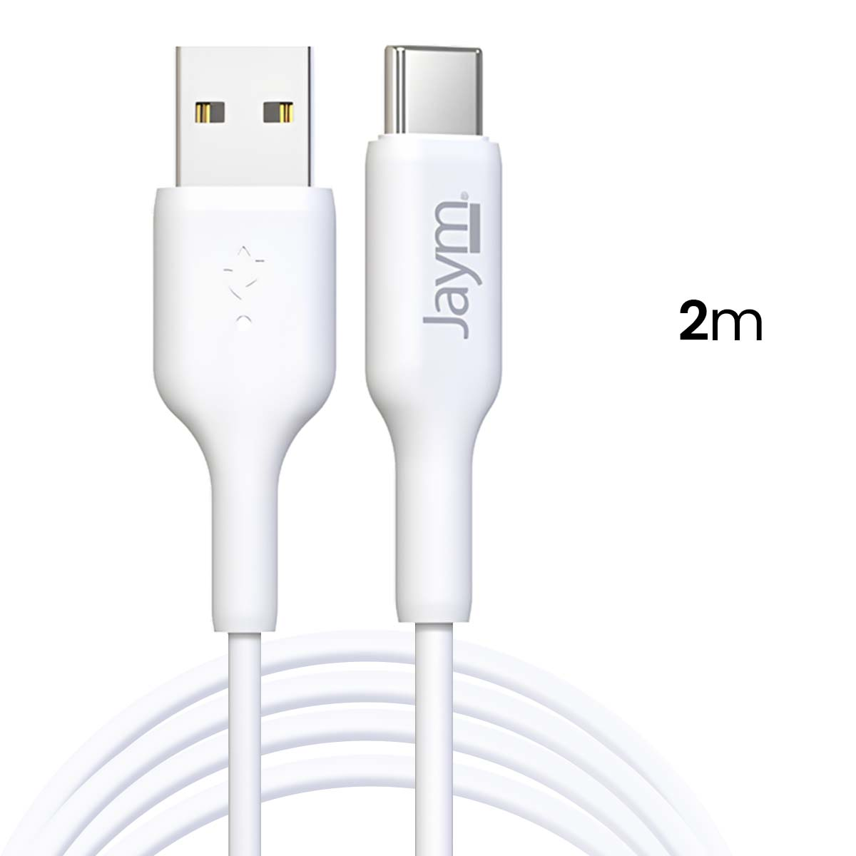 Un cavo bianco da USB-C a USB-A, con logo 'Jaym' e indicatore di lunghezza '2m'. Il cavo è su sfondo bianco.