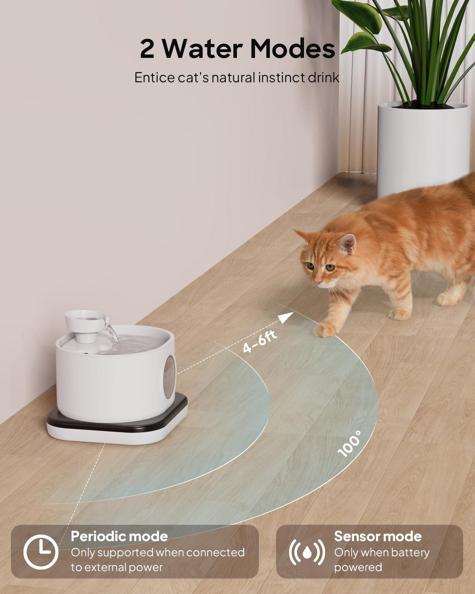 Eine orange Katze nähert sich einem weißen Wasserbrunnen. Text hebt '2 Wassermodi' hervor. Zwei Modi: periodisch und Sensor. Pflanze im Hintergrund.