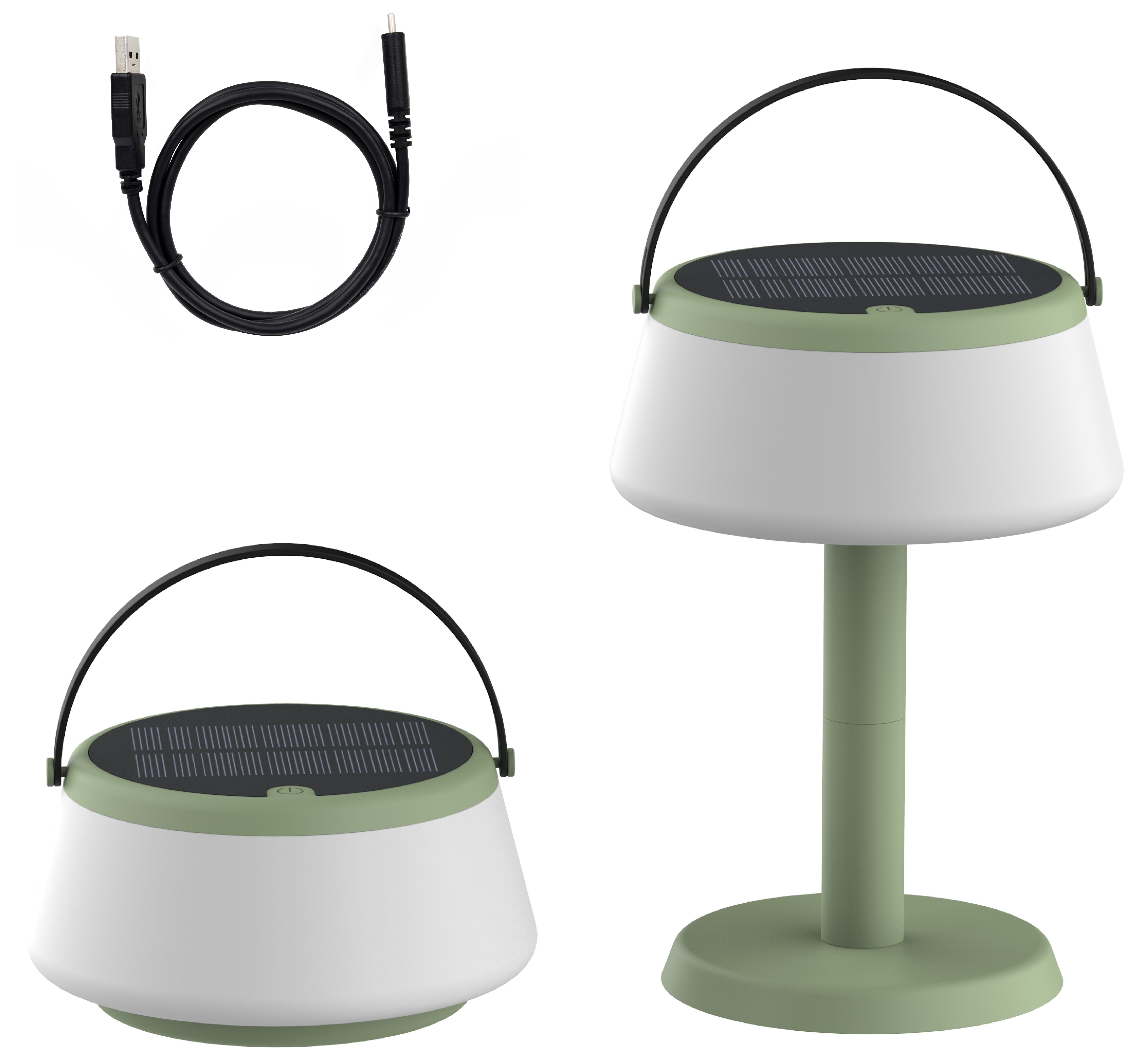 Das Bild zeigt ein schwarzes USB-Kabel und drei Solarleuchten, weiß und grün. Eine Lampe auf einem Ständer, zwei mit Griffen.