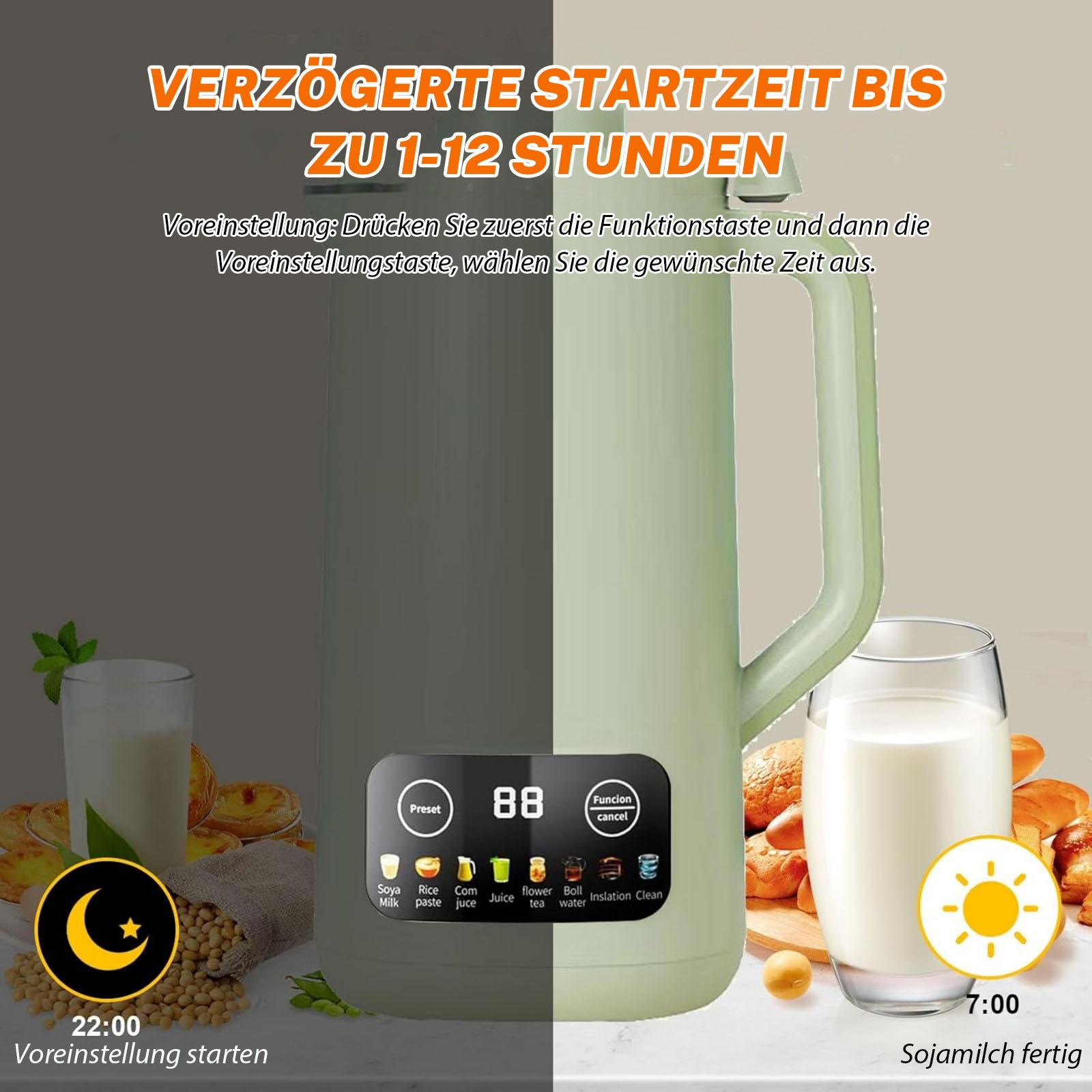 Ein grünes Gerät mit Digitalanzeige, Text und einem Glas Milch mit Brot.