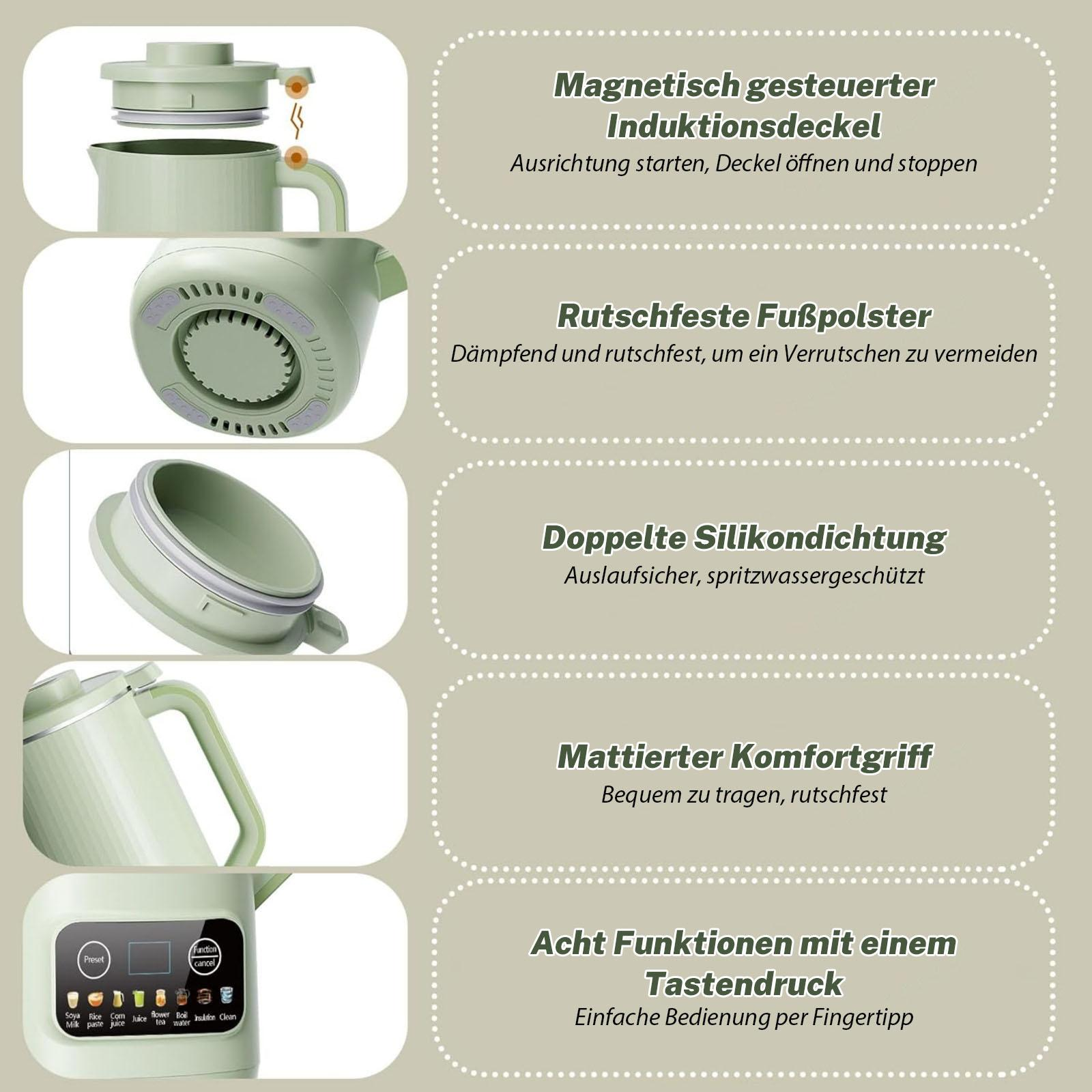 Grüner Wasserkocher mit Funktionen. Deckel, Basis, Griff und Bedienfeld mit Funktionsoptionen.