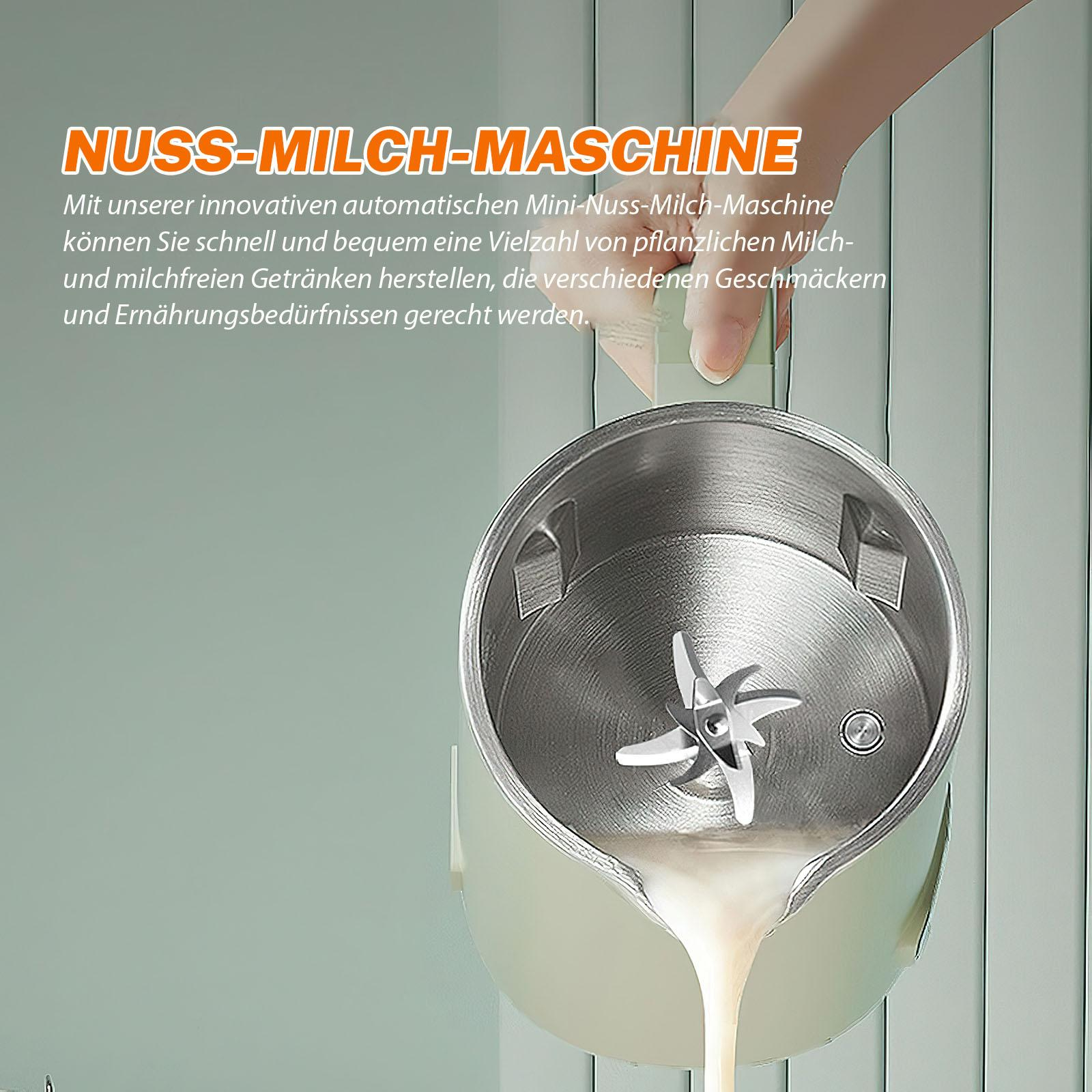 Eine Nussmilchmaschine, mit deutschem Text. Milch fließt aus dem Mixer. Grün und Silber.