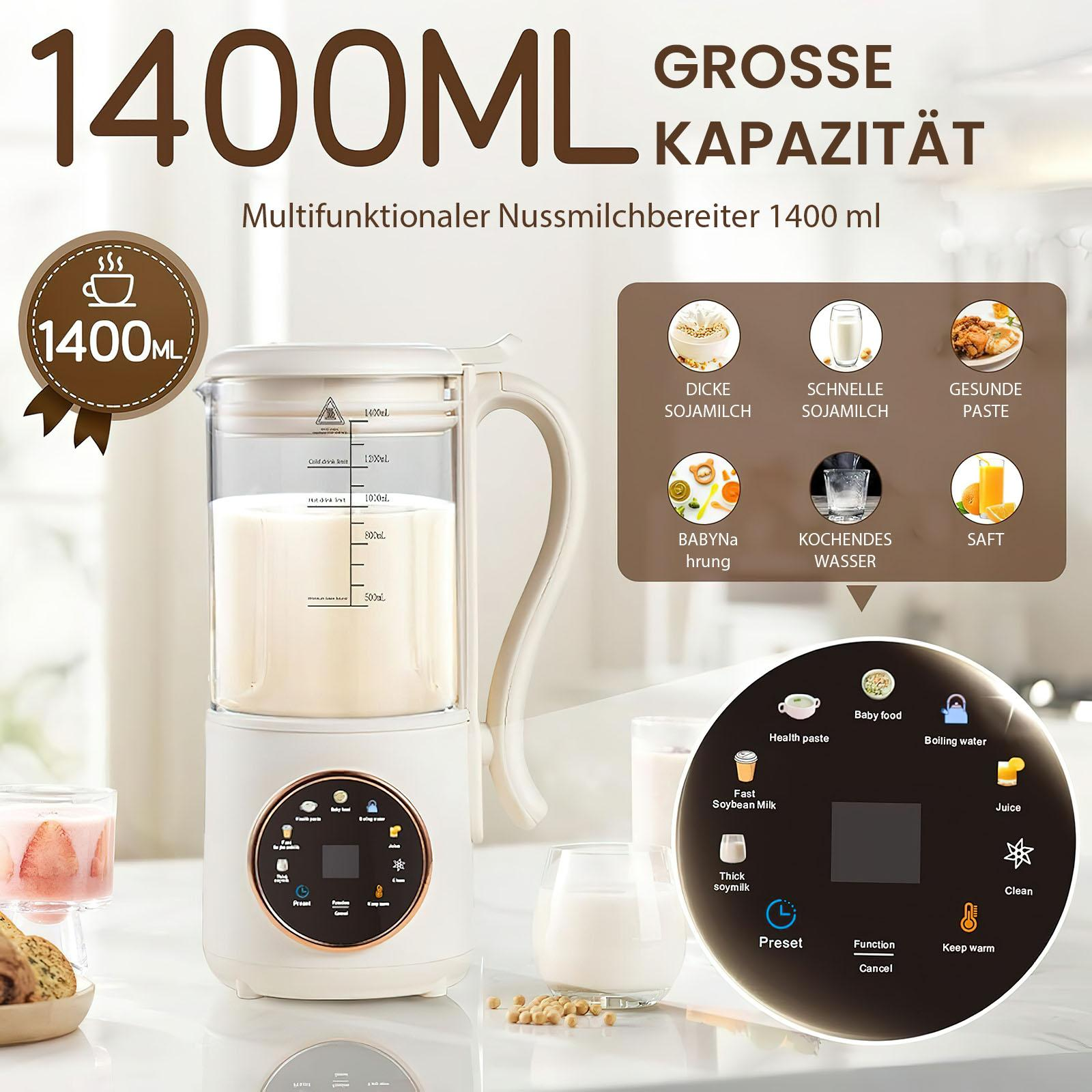 Ein weißer Nussmilchbereiter mit transparentem Behälter. Das Bild zeigt auch Symbole für verschiedene Funktionen und ein Glas Milch.