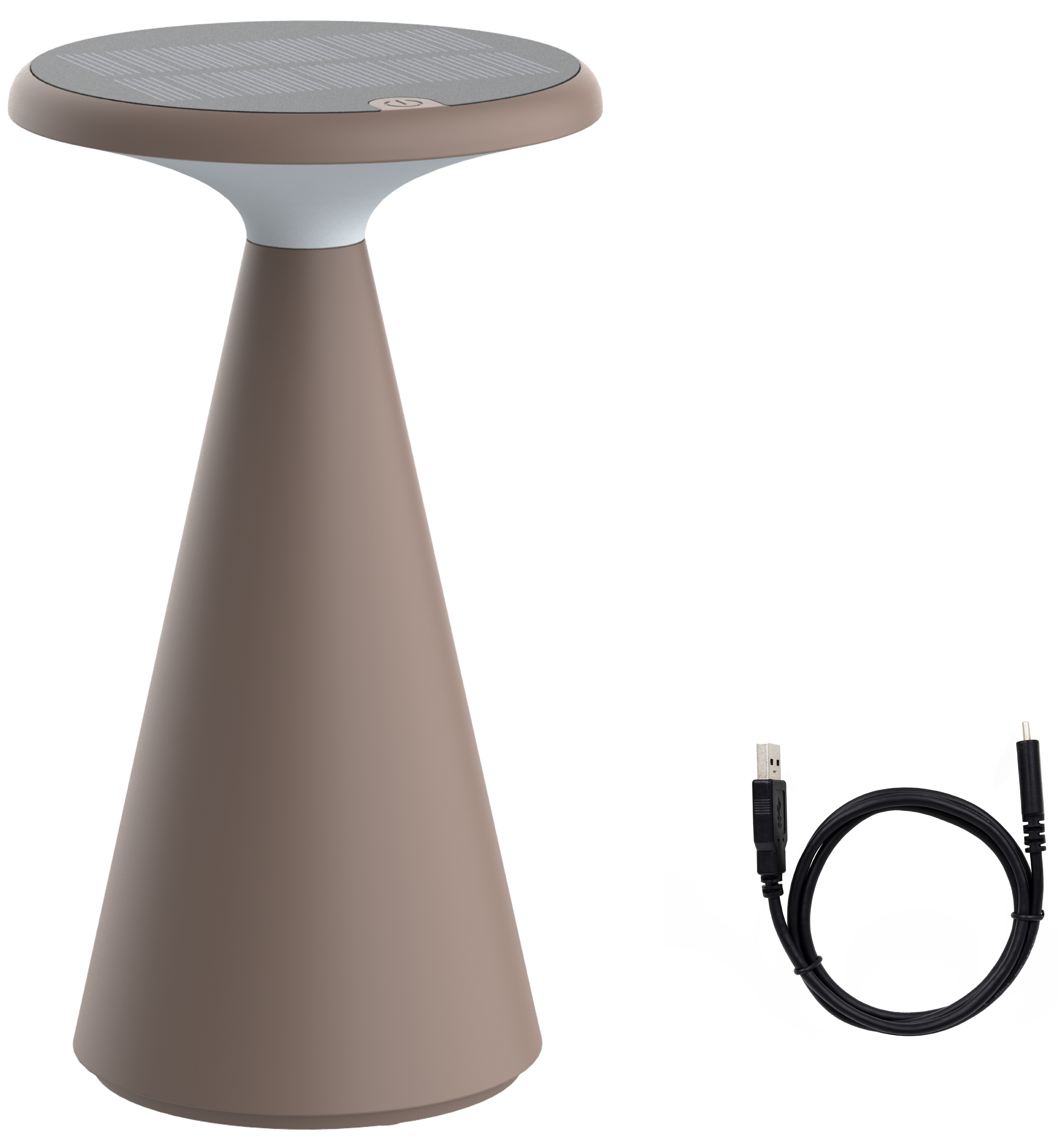 Eine braune Tischlampe mit rundem Oberteil und konischem Fuß. Ein schwarzes USB-Kabel befindet sich rechts.