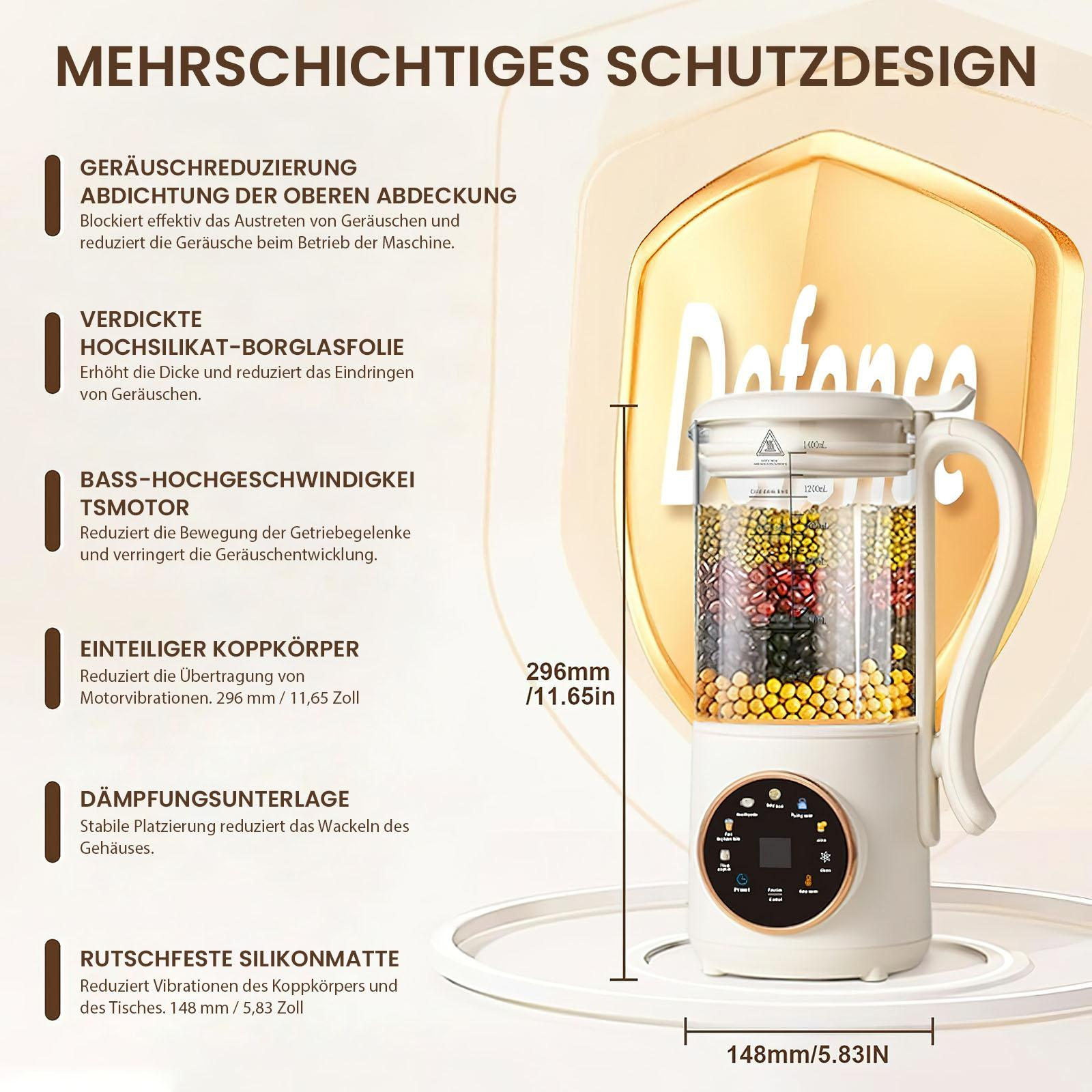Ein weißes und goldenes Gerät mit einem Glasbehälter, gefüllt mit bunten Zutaten und einem Bedienfeld.