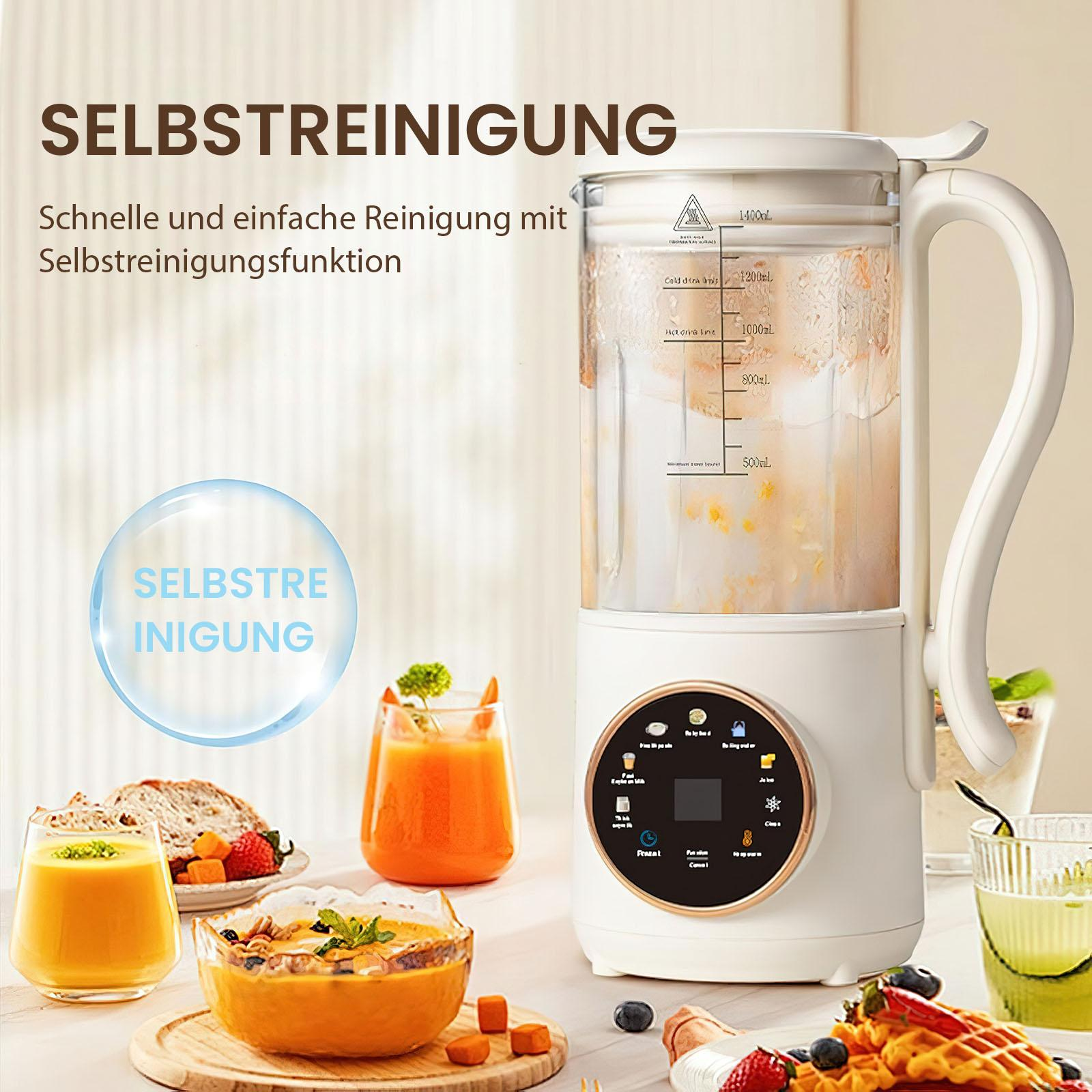 Ein weißer Mixer mit Griff, verschiedene Getränke und ein Teller mit Essen stehen auf dem Tisch. Der Mixer hat ein Digitaldisplay.