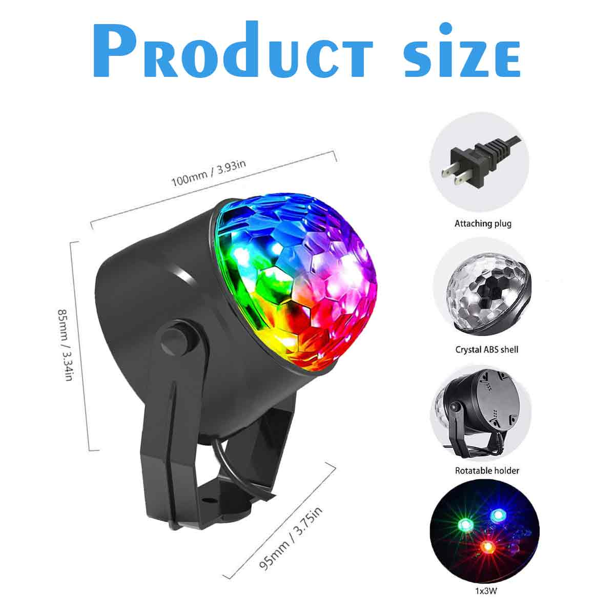 Eine Discokugel-Leuchte mit Maßen. Enthält einen Anschlussstecker, eine Kristallshell, einen drehbaren Halter und 1x3W-Leuchten. Abmessungen sind angegeben.