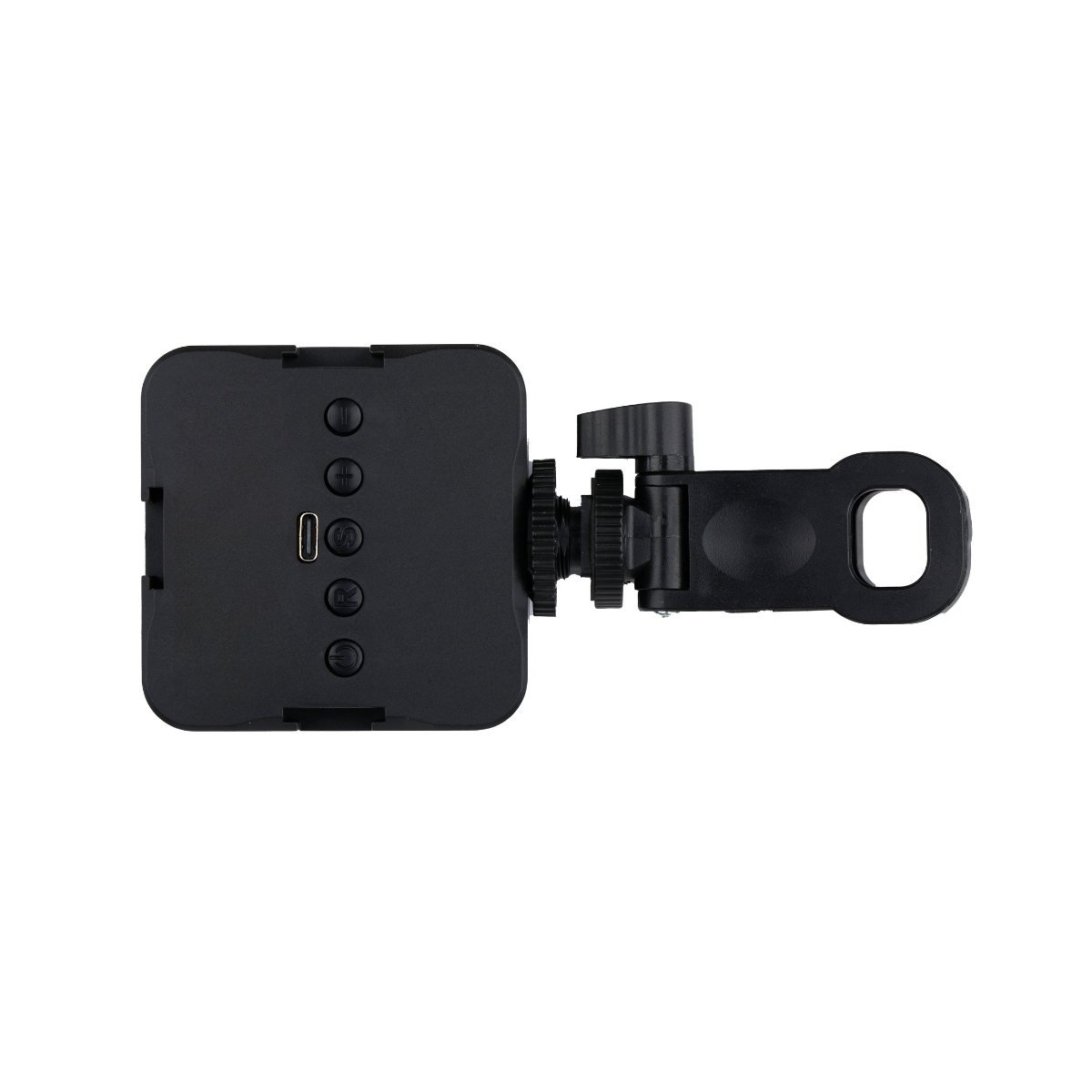 Black rectangular device with buttons and a USB port, attached to a black bracket with a screw and a loop.
