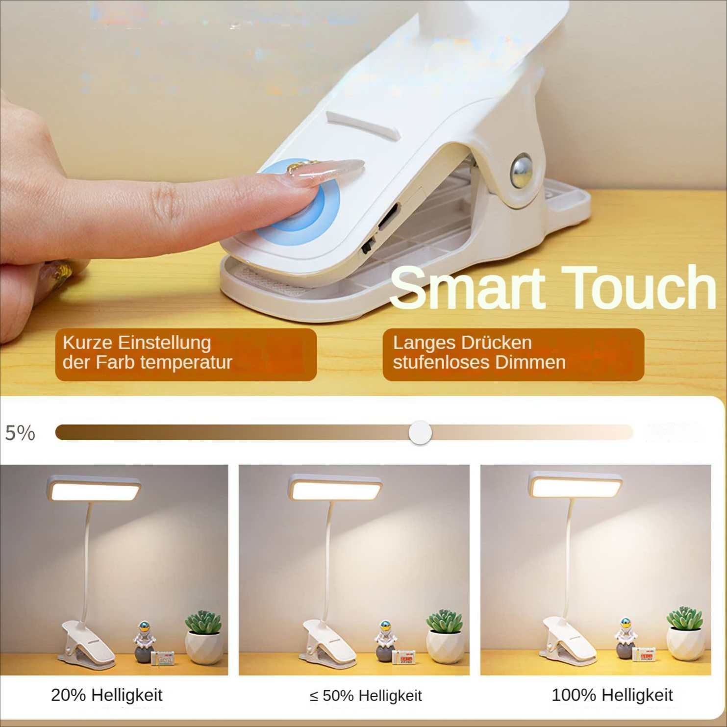 Eine Hand berührt eine weiße Klemmleuchte. Die Lampe hat einstellbare Helligkeitsstufen, die mit kleinen Lampen angezeigt werden. Text: Smart Touch.