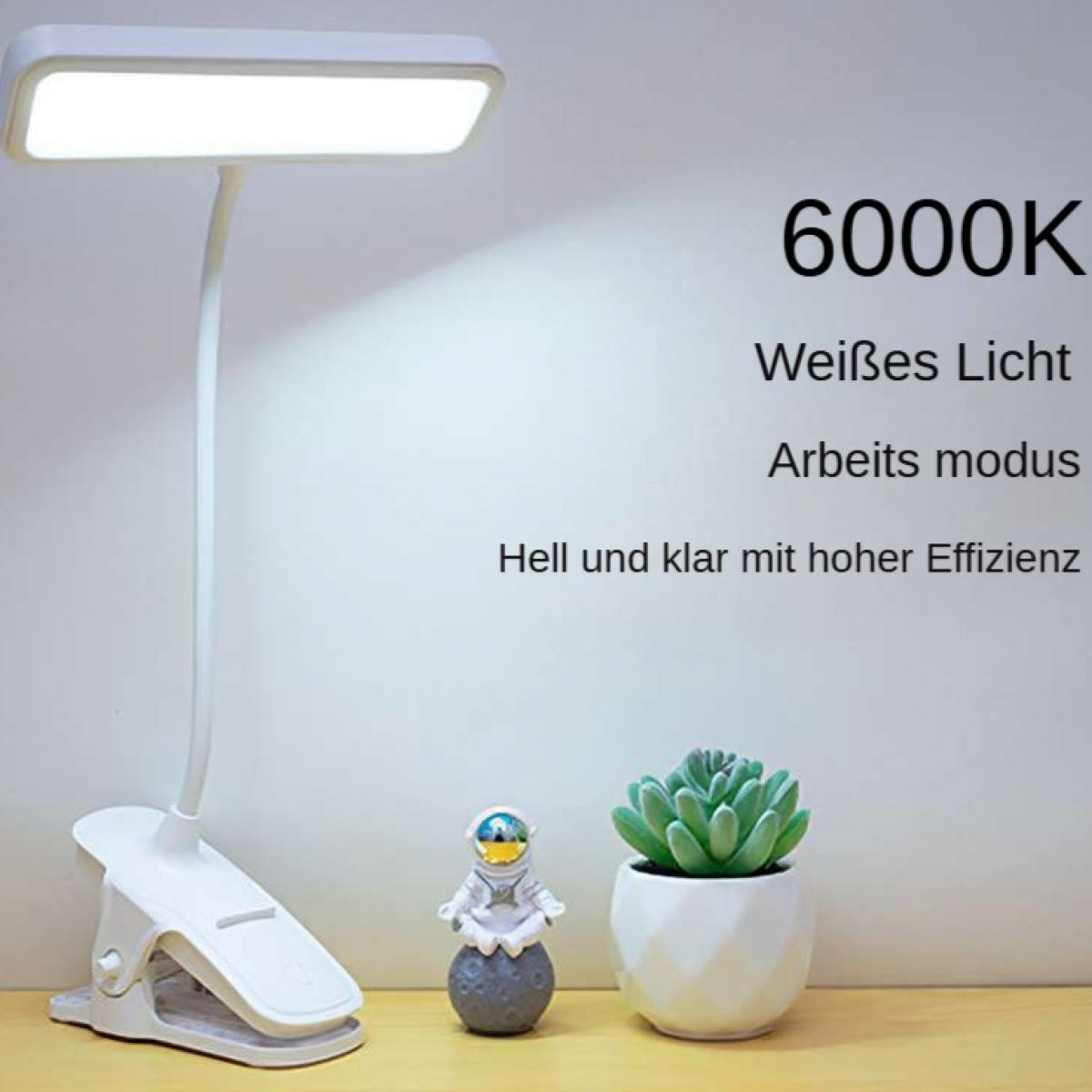 Eine weiße LED-Schreibtischlampe mit Clip-Basis, eine kleine Astronautenfigur und eine Topf-Sukkulente.