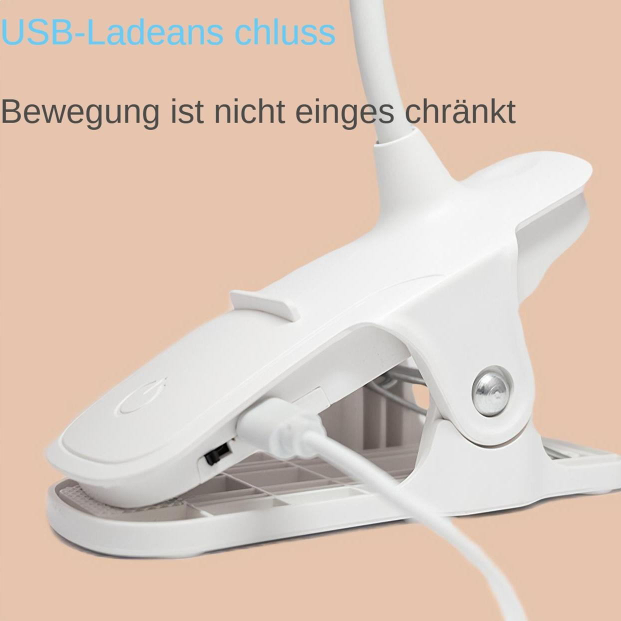 Abgebildet ist eine weiße USB-Clip-On-Lampe. Die Lampe ist mit einem Kabel verbunden. Text ist auf dem Hintergrund geschrieben.