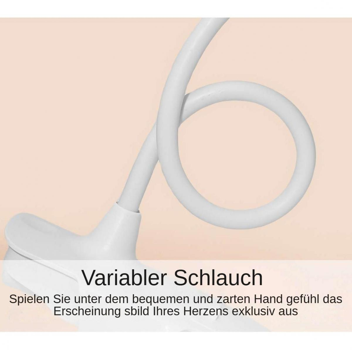 Ein weißes, flexibles Rohr ist zu einem Kreis geschlungen. Der Text 'Variabler Schlauch' steht unten. Der Hintergrund ist zartrosa.