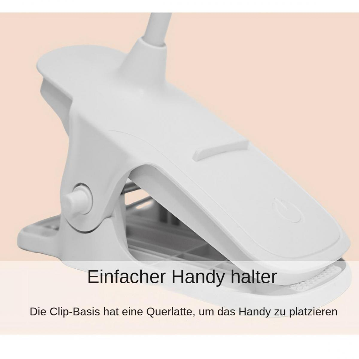 Ein weißer Telefonhalter mit Clip-Basis. Der Text im Bild lautet 'Einfacher Handy halter' und beschreibt die Funktion des Halters.